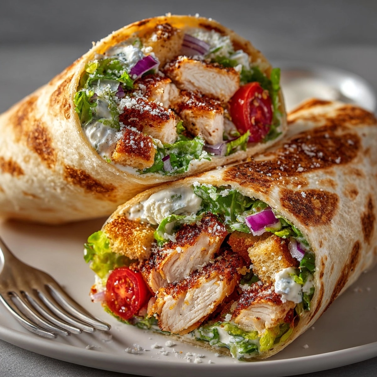Freshly made Cajun Chicken Caesar Wraps sliced open, showcasing juicy chicken and vibrant Caesar salad ingredients.