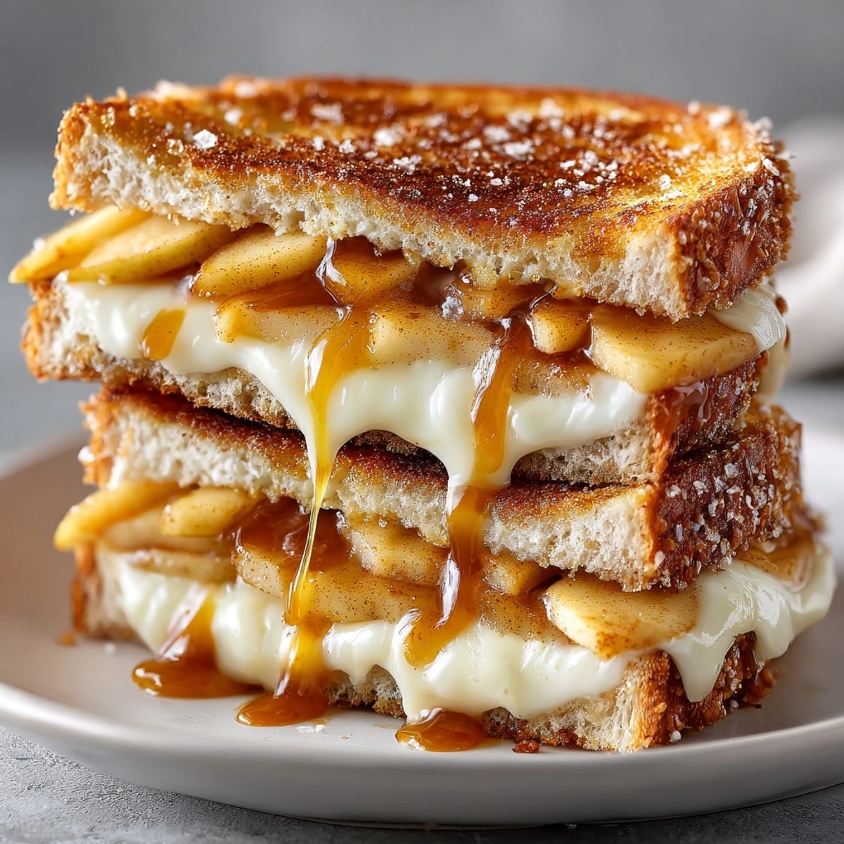 Golden cinnamon apple grilled cheese sandwiches oozing melted cheddar on buttered sourdough bread.