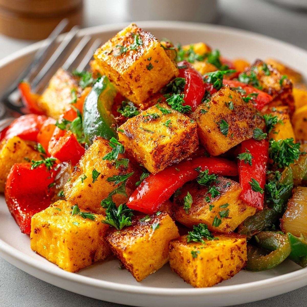 Cinnamon-Spiced Sweet Potato Hash sizzling in a skillet with caramelized onions and peppers