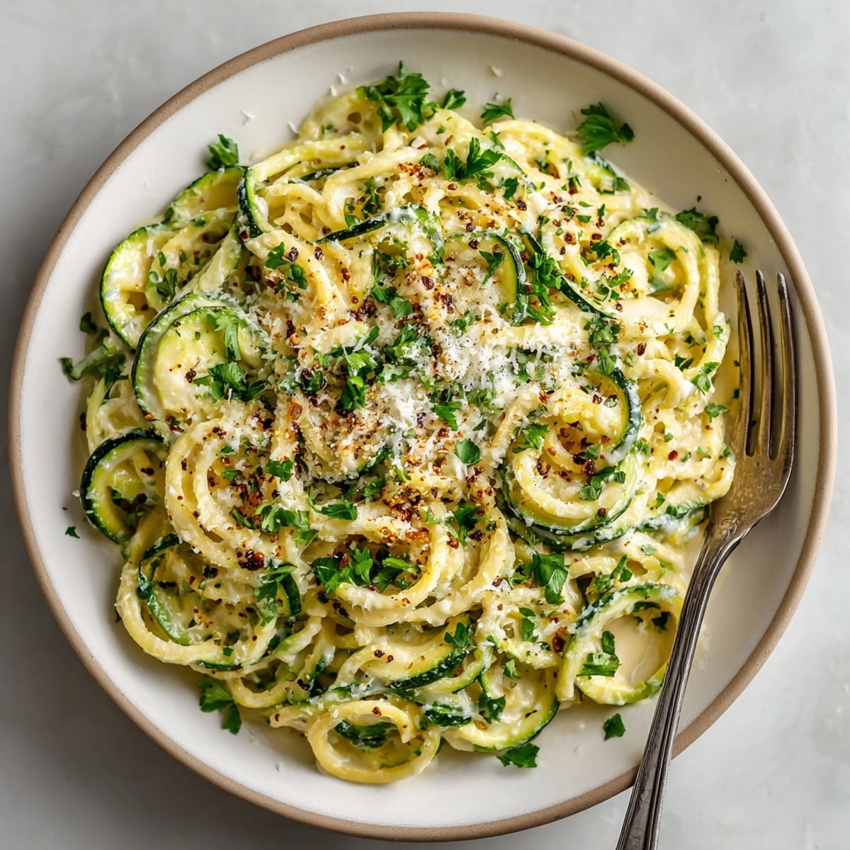 Closeup of Garlic Parmesan Zucchini Noodle Alfredo with glistening sauce, perfect for a low-carb dinner.