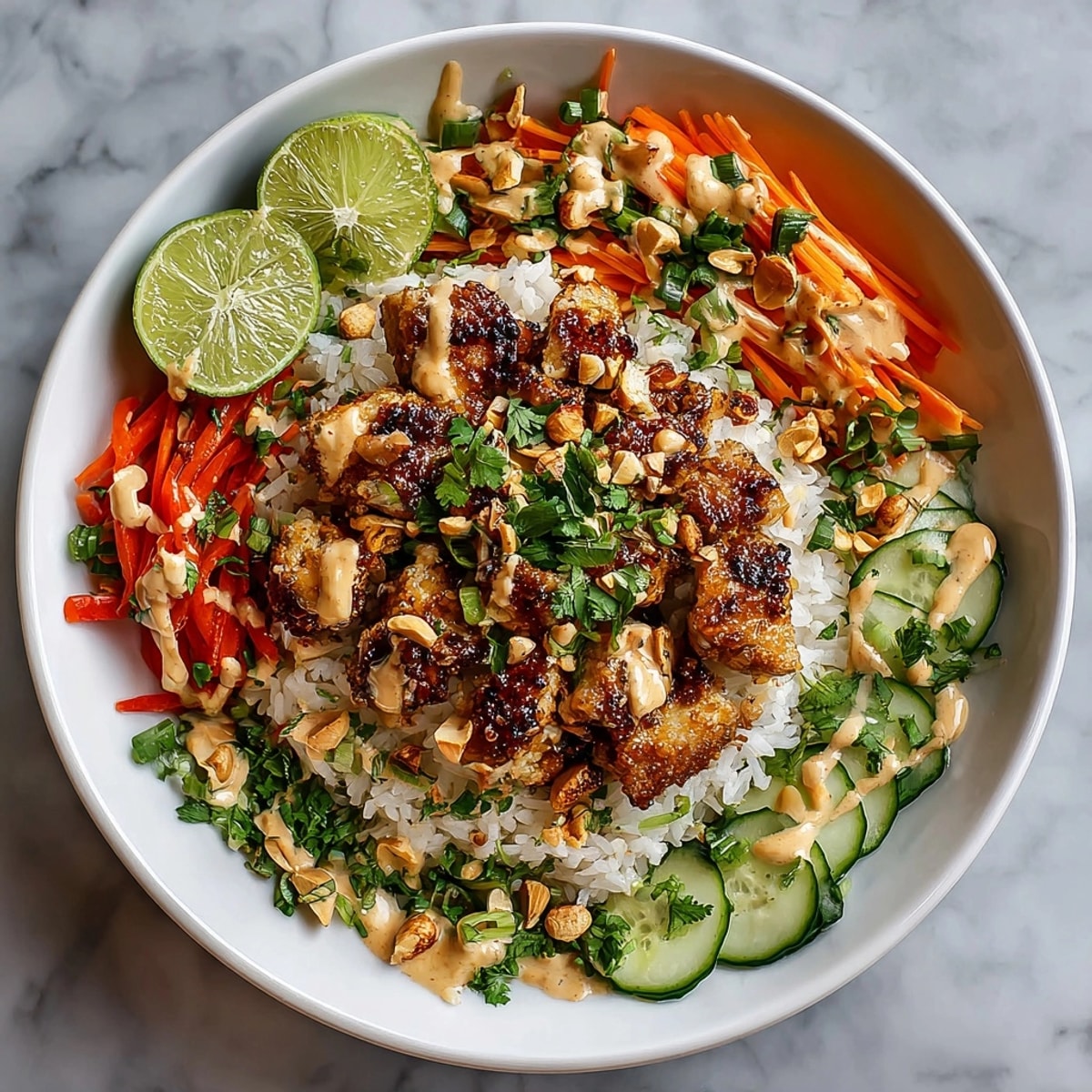 Close-up of Thai Peanut Chicken Bowls drizzled with spicy peanut sauce, perfect for a quick, flavorful dinner