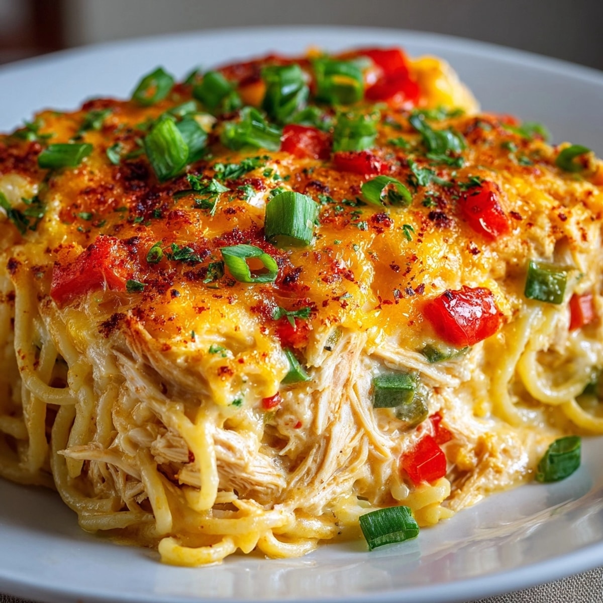 Spicy Southern Cheesy Chicken Spaghetti Casserole bubbling hot with golden cheddar and crisp bell peppers.