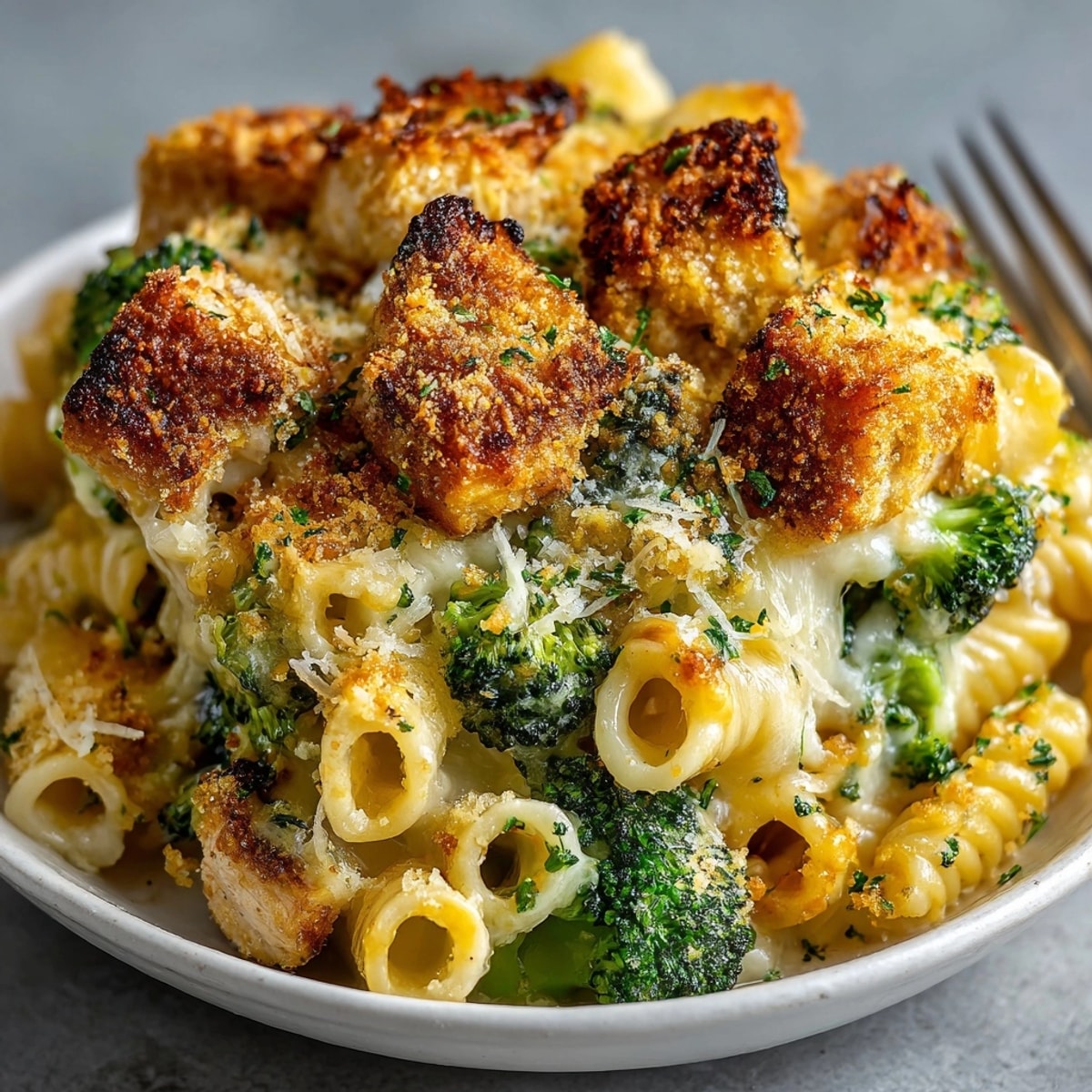 Maple Mustard Chicken Pasta Bake fresh from the oven, golden topping bubbling with cheddar.