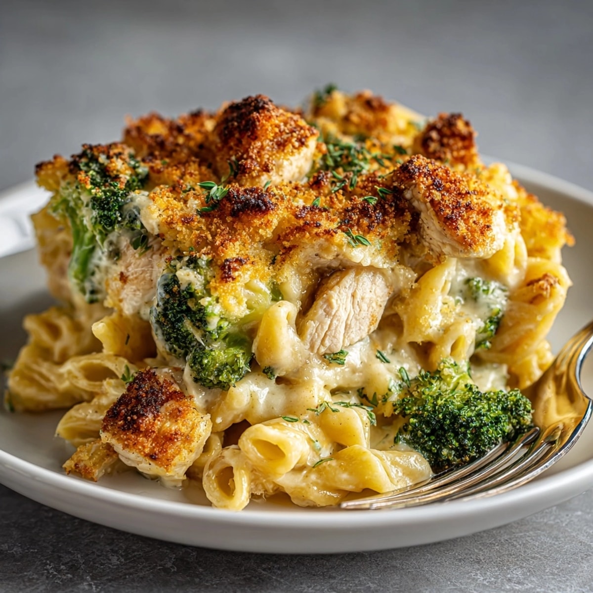 Creamy maple mustard chicken pasta bake served hot, crispy breadcrumbs and vibrant broccoli visible.