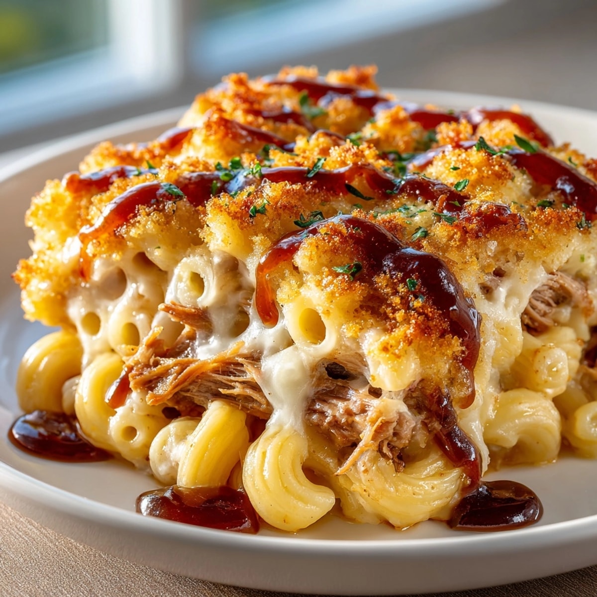 BBQ Pulled Pork Macaroni Bake bubbling in a casserole dish with melted cheddar topping.