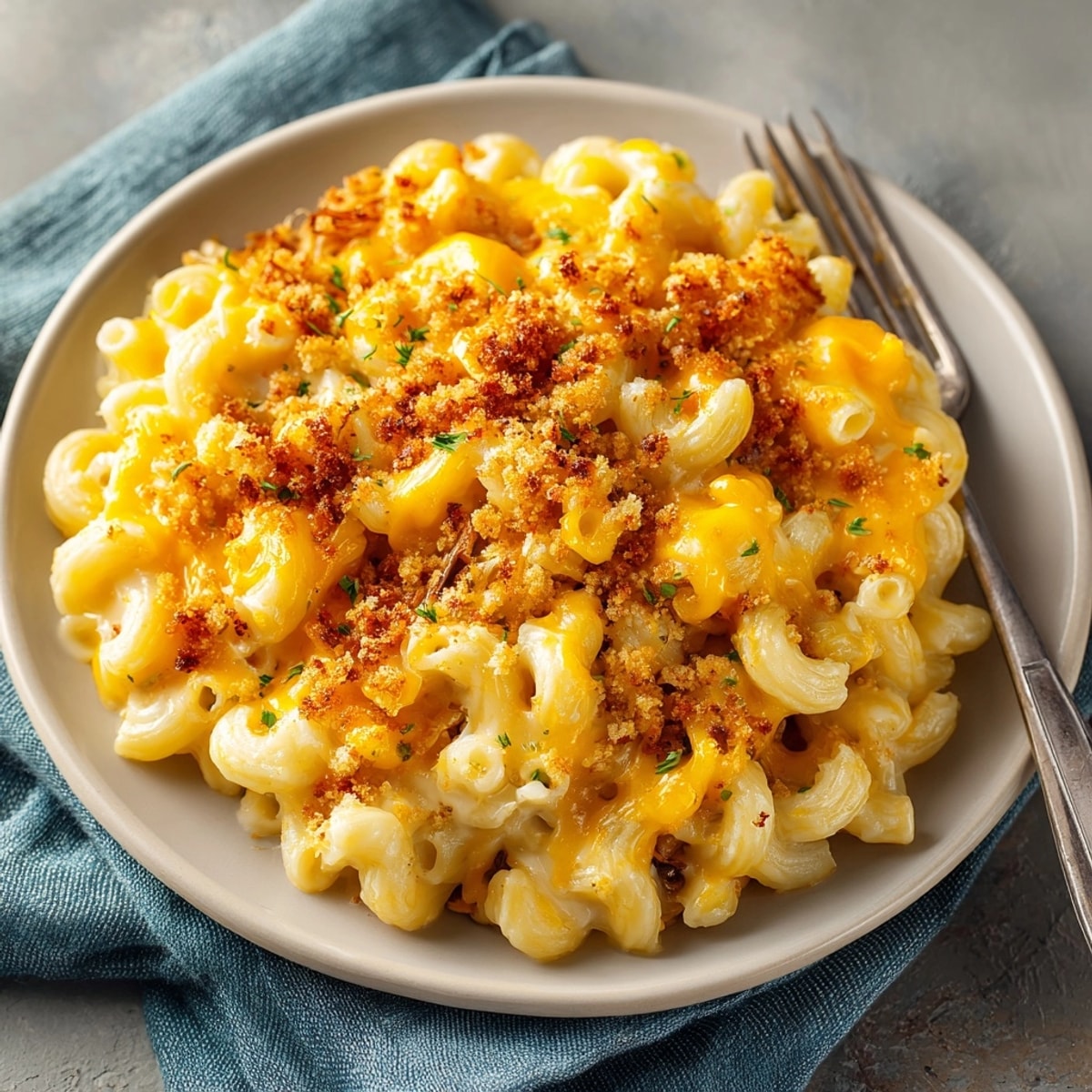 Freshly baked BBQ Pulled Pork Macaroni Bake, smoky pork and pasta oozing melty cheese.