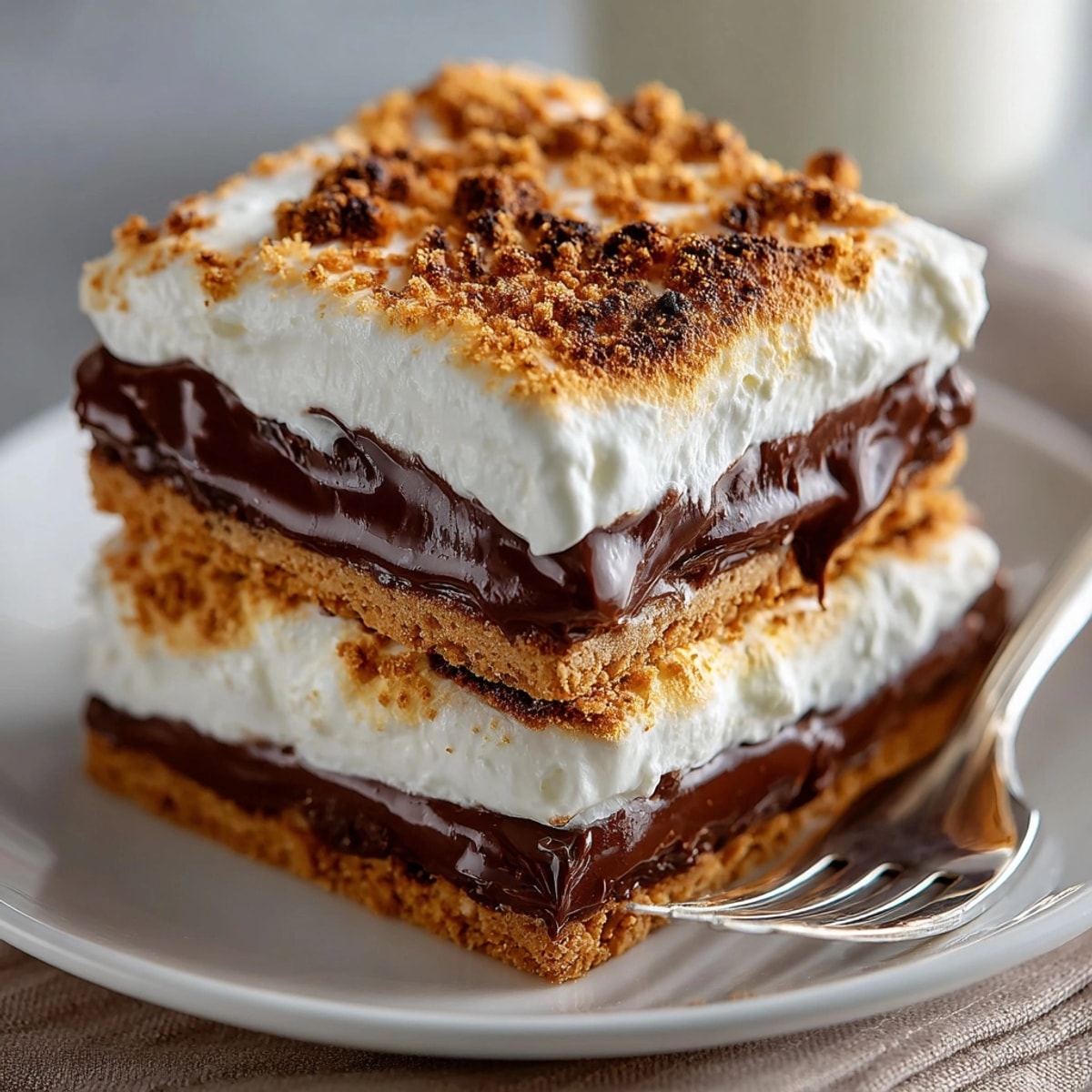 Frozen s'mores squares stacked on a plate, highlighting creamy chocolate and marshmallow layers