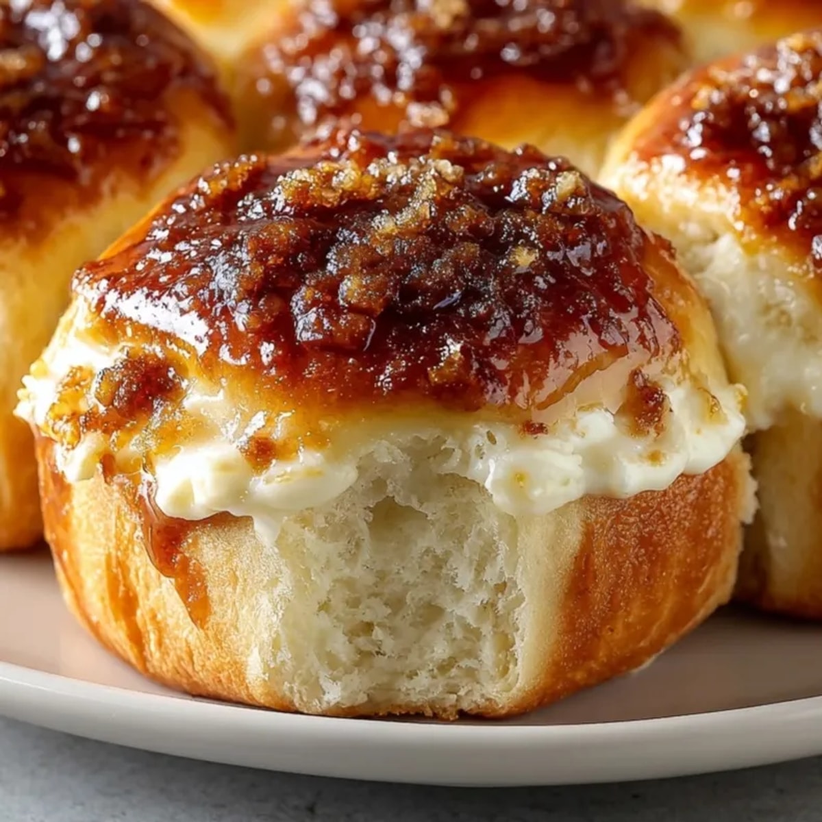 Warm Hawaiian cinnamon rolls with creamy center, golden tops glistening, fresh from the oven.