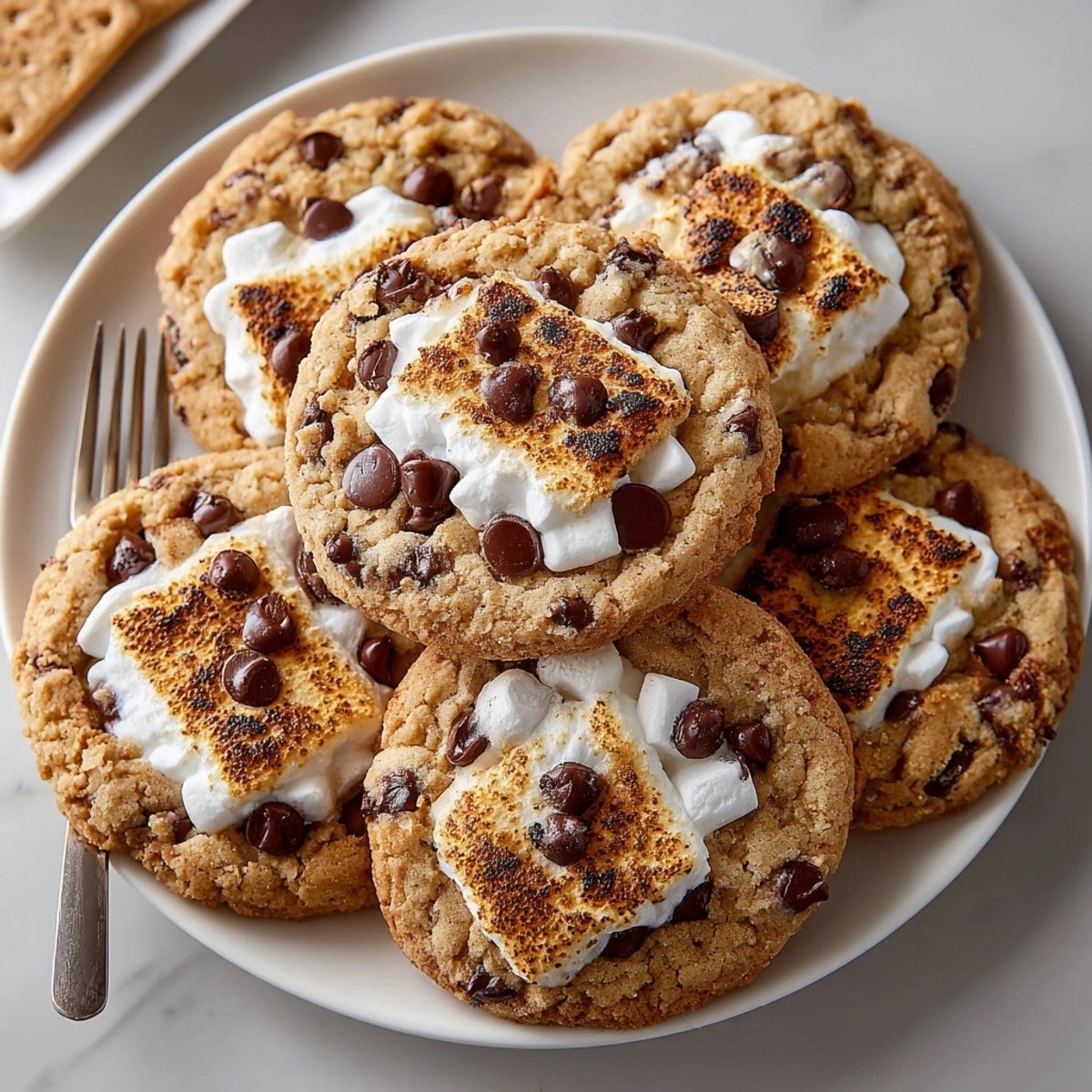 Golden-baked Chocolate Chip S'Mores Cookies showing crispy edges, melted chocolate chips, and toasted marshmallows.