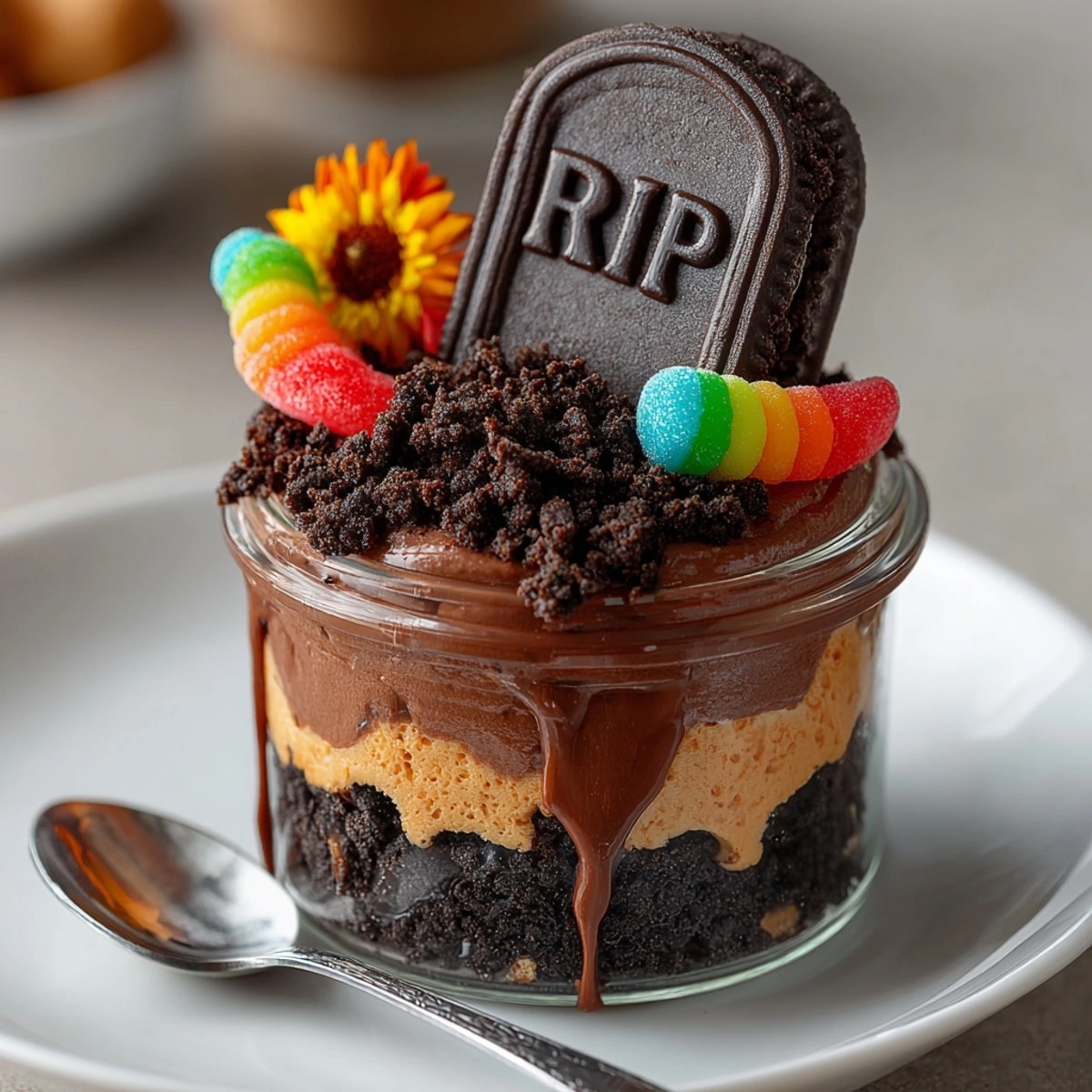 Creamy Vegan Graveyard Chocolate Mousse Cups topped with cookie crumbs and tombstone cookies.