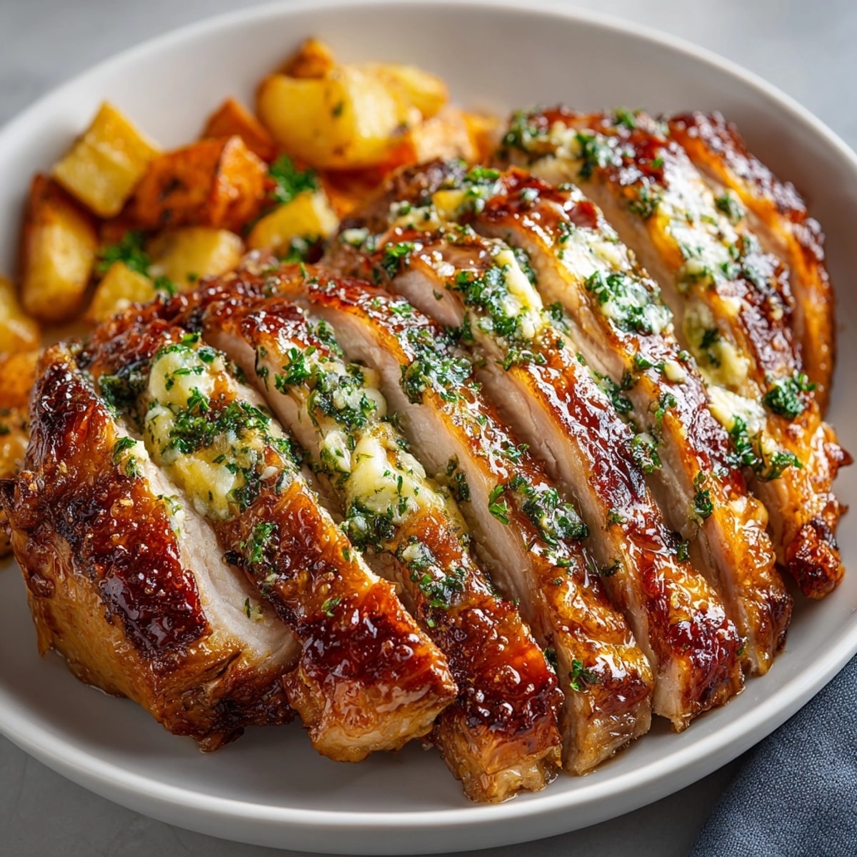 Close-up reveals crisp skin on Herb Butter Roasted Turkey, ready for holiday carving.