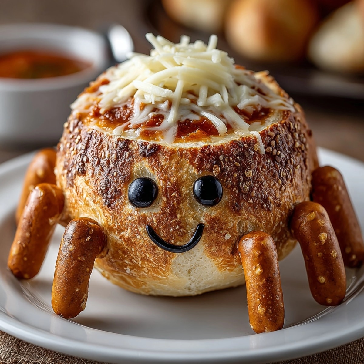 Imagine crusty, homemade Spider Bread Bowl filled—warm tomato soup for dipping the legs.