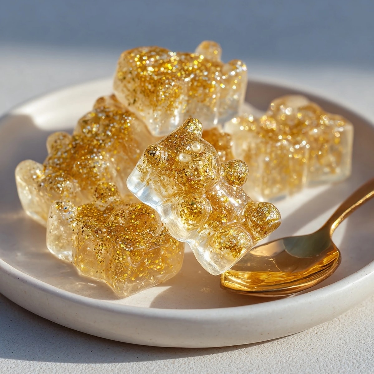 Close-up of festive Champagne &quot;Mocktail&quot; Gummy Bears, ready to party in miniature form.