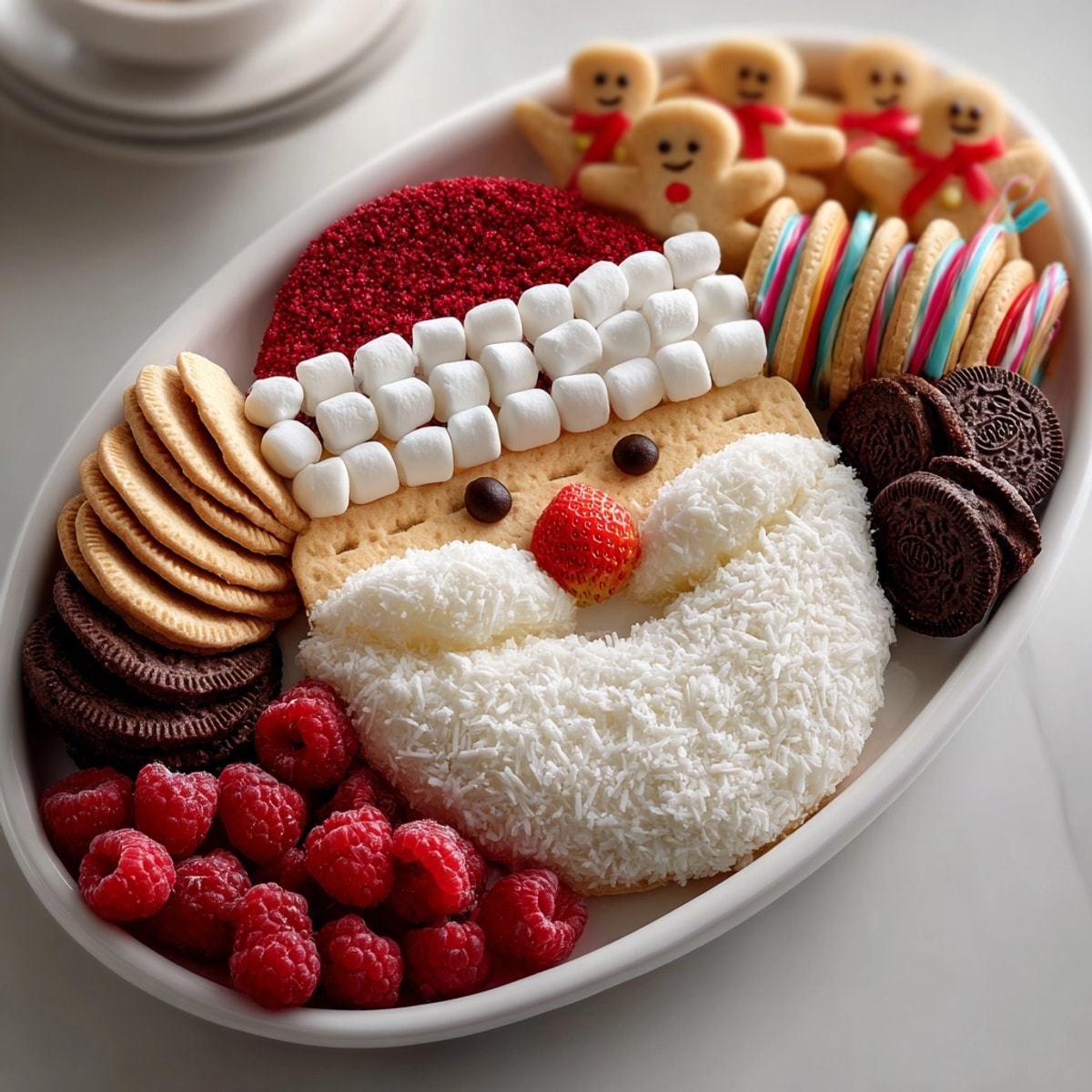 Homemade Santa &quot;Charcuterie&quot; Cookie Platter: vanilla wafers, red candies and chocolate cookies.