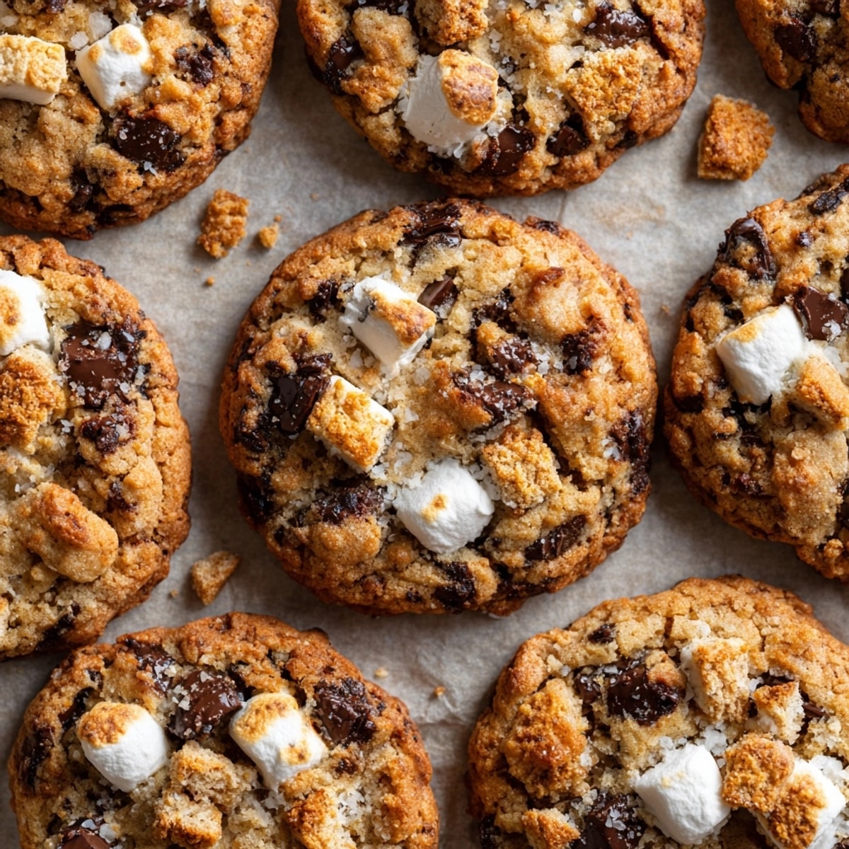 Homemade Levain-Style S'mores Cookie recipe: thick, chewy, topped with melted chocolate, and marshmallows.