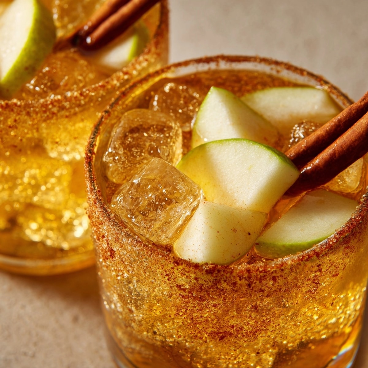 Festive Autumnal Apple Cider Margarita recipe: cinnamon-sugar rimmed glasses, perfect for fall gatherings.