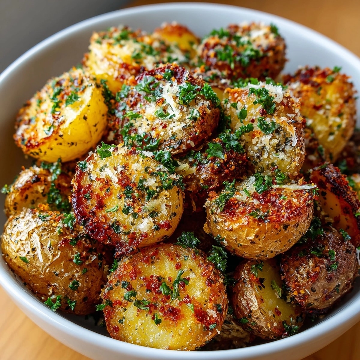 Golden Parmesan-Crusted Roasted Potatoes, a savory side dish with crisp edges and herbal aromas.