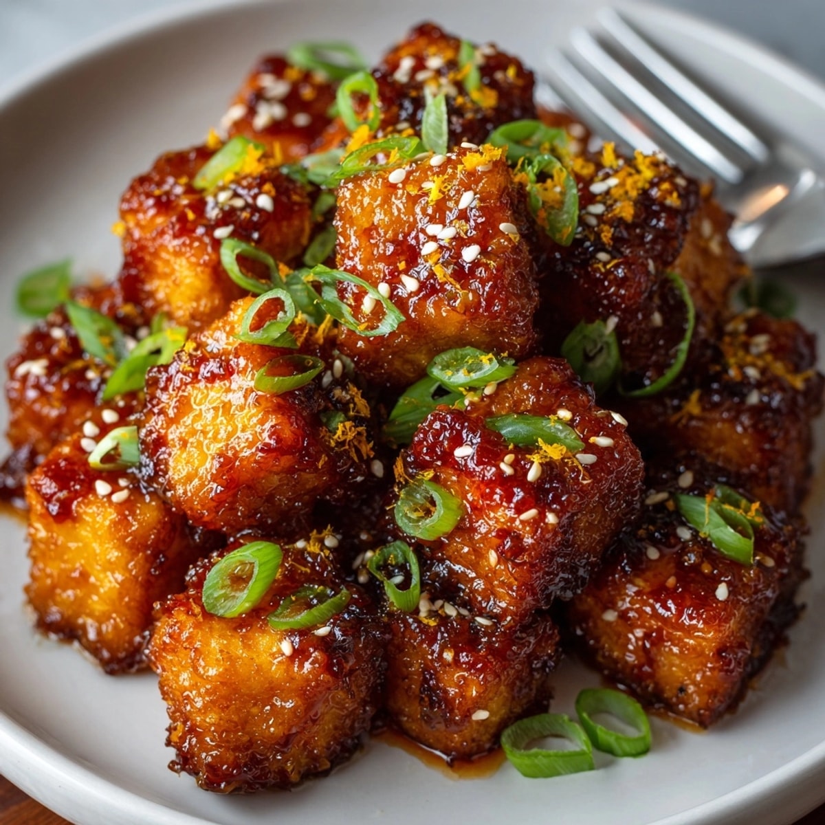 Golden, crispy Orange Tofu recipe, glazed and garnished with fresh green onions, ready to serve.