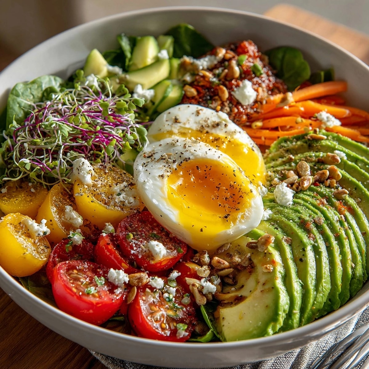 Colorful Microgreens Breakfast Bowl: soft-boiled egg, creamy avocado, and crunchy seeds shining with lemon dressing.