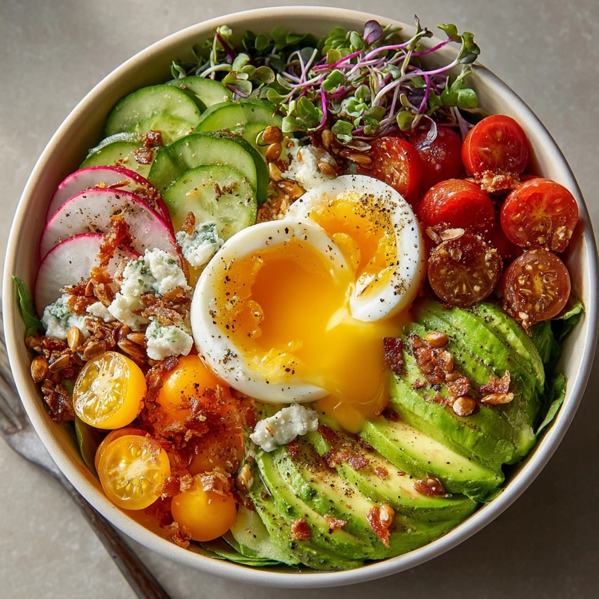 Close-up of a vibrant Microgreens Breakfast Bowl ready to eat, showcasing textures and fresh ingredients.