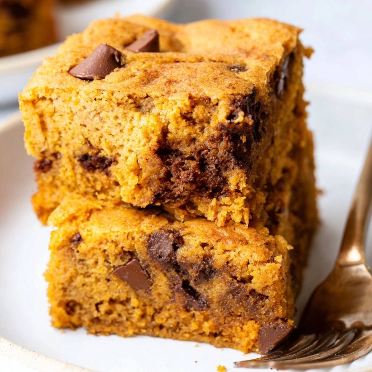 Golden Chocolate Pumpkin Chip Blondies, warm from the oven, speckled with melted chocolate.
