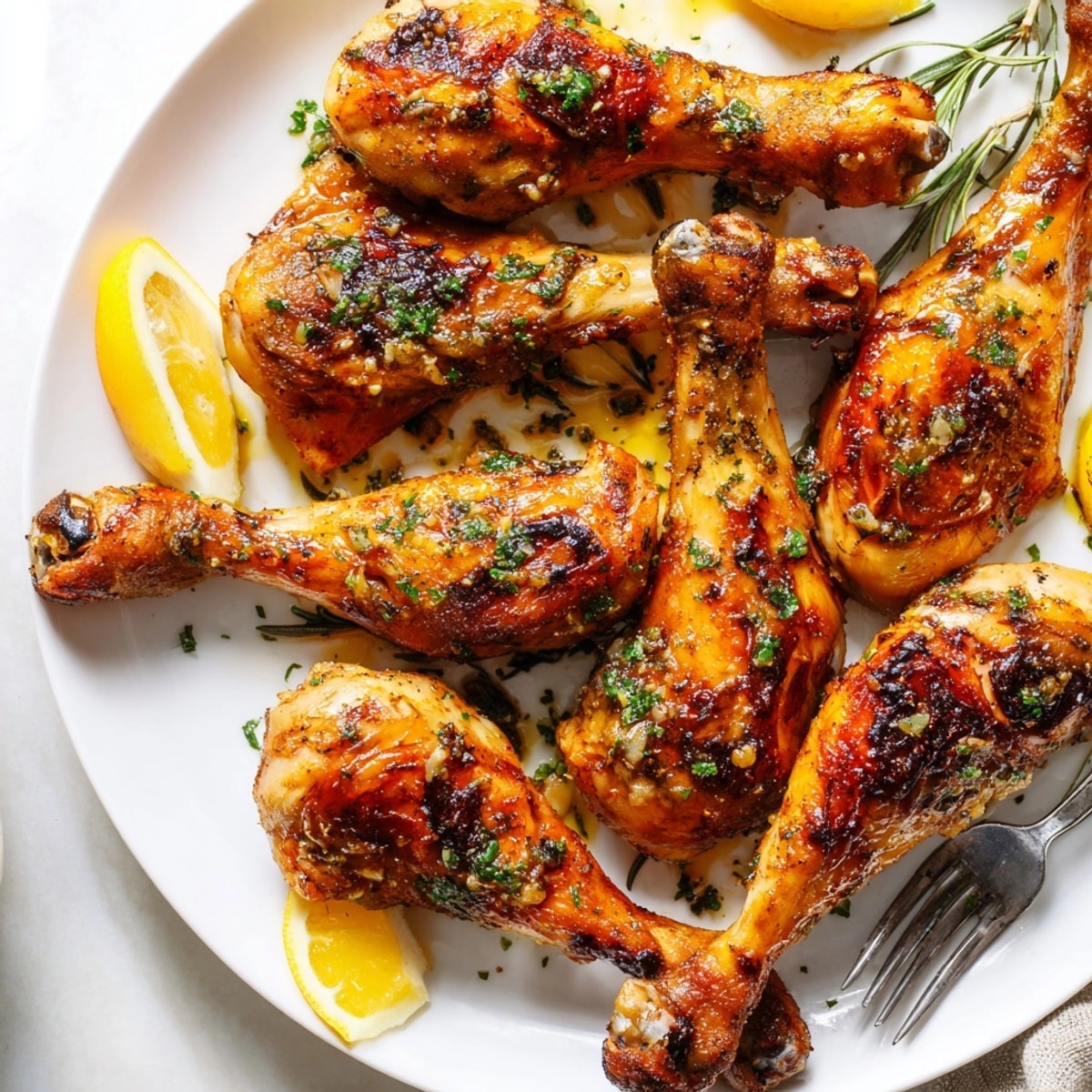 Golden-brown Garlic Herb Roasted Chicken Drumsticks, fresh out of the oven and garnished.