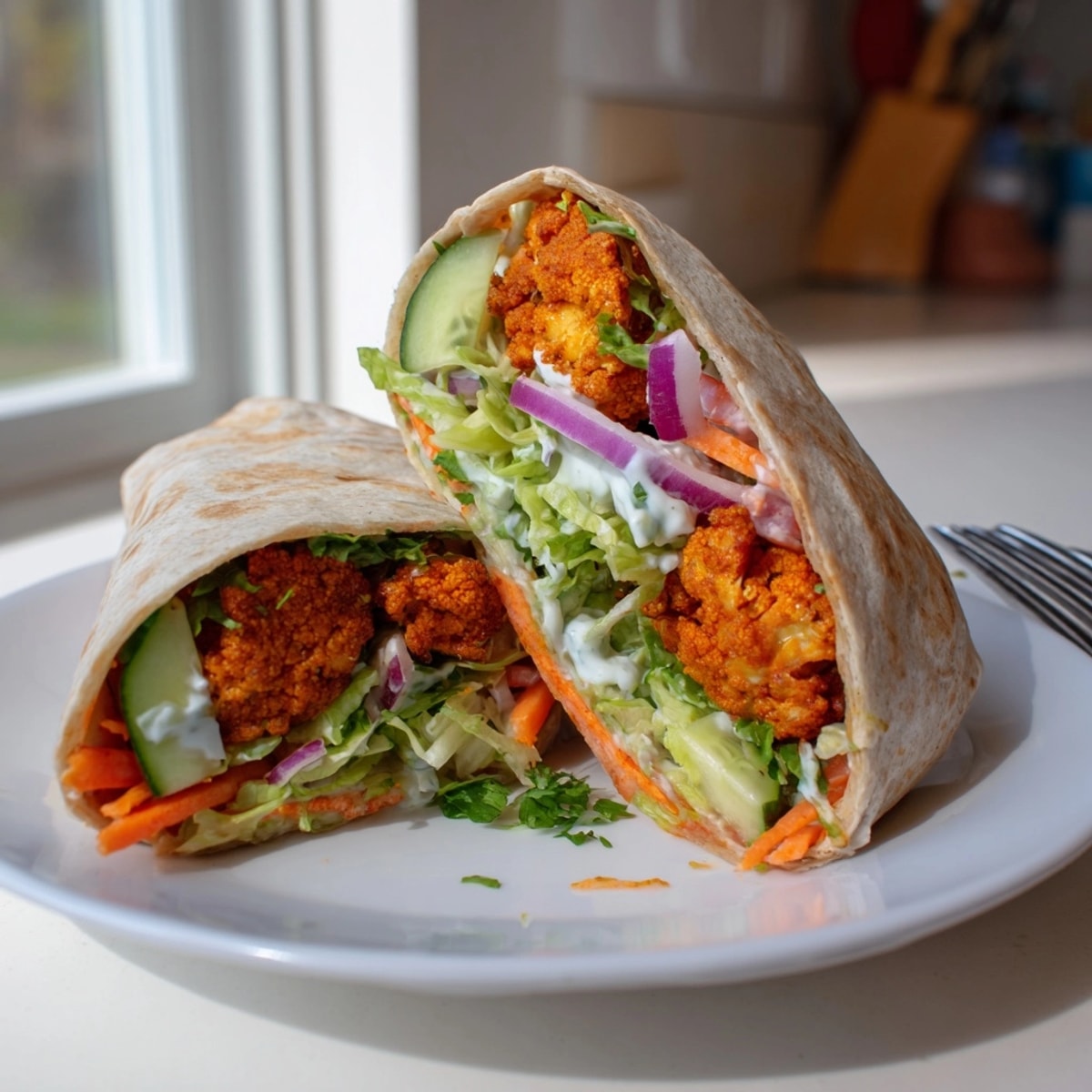 Vegan Buffalo Cauliflower Wraps, bursting with textures and flavors, ready for a satisfying meal.