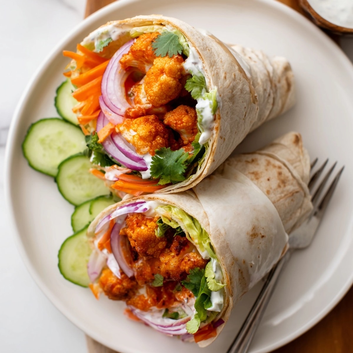 Close-up of spicy Vegan Buffalo Cauliflower Wraps: golden, crisp cauliflower and fresh vegetable filling.
