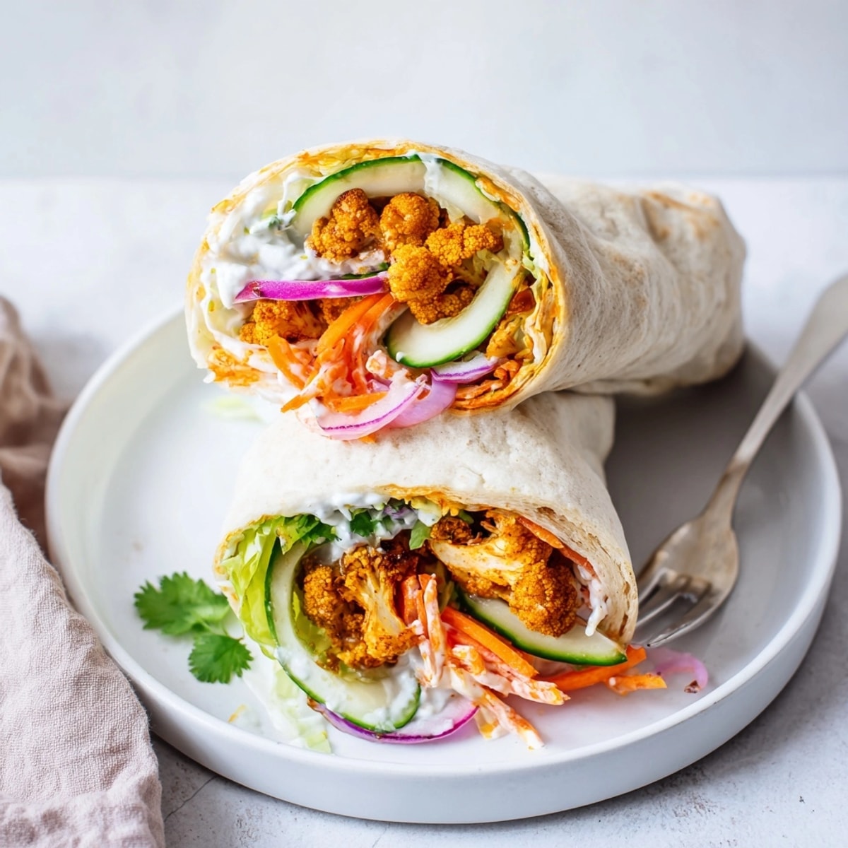 Tender tortilla filled with smoky, fiery Vegan Buffalo Cauliflower–delicious plant-based eating tonight!