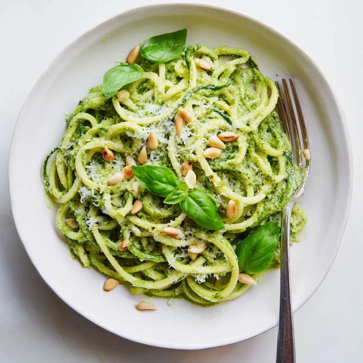 Fresh zucchini noodles with vibrant pesto create a light, healthy meal experience.  