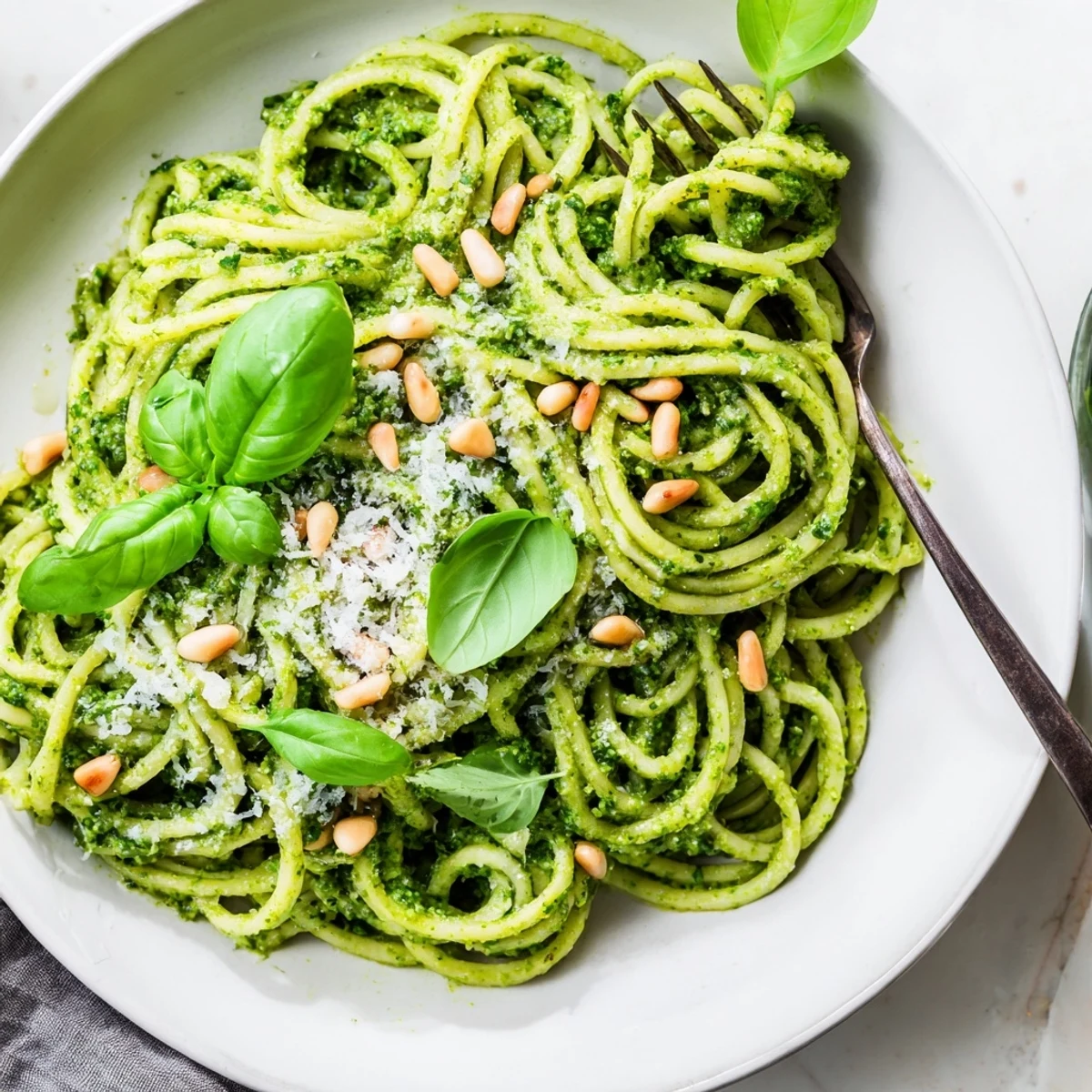 Spiralized zucchini noodles tossed in rich pesto, garnished with basil and Parmesan.
