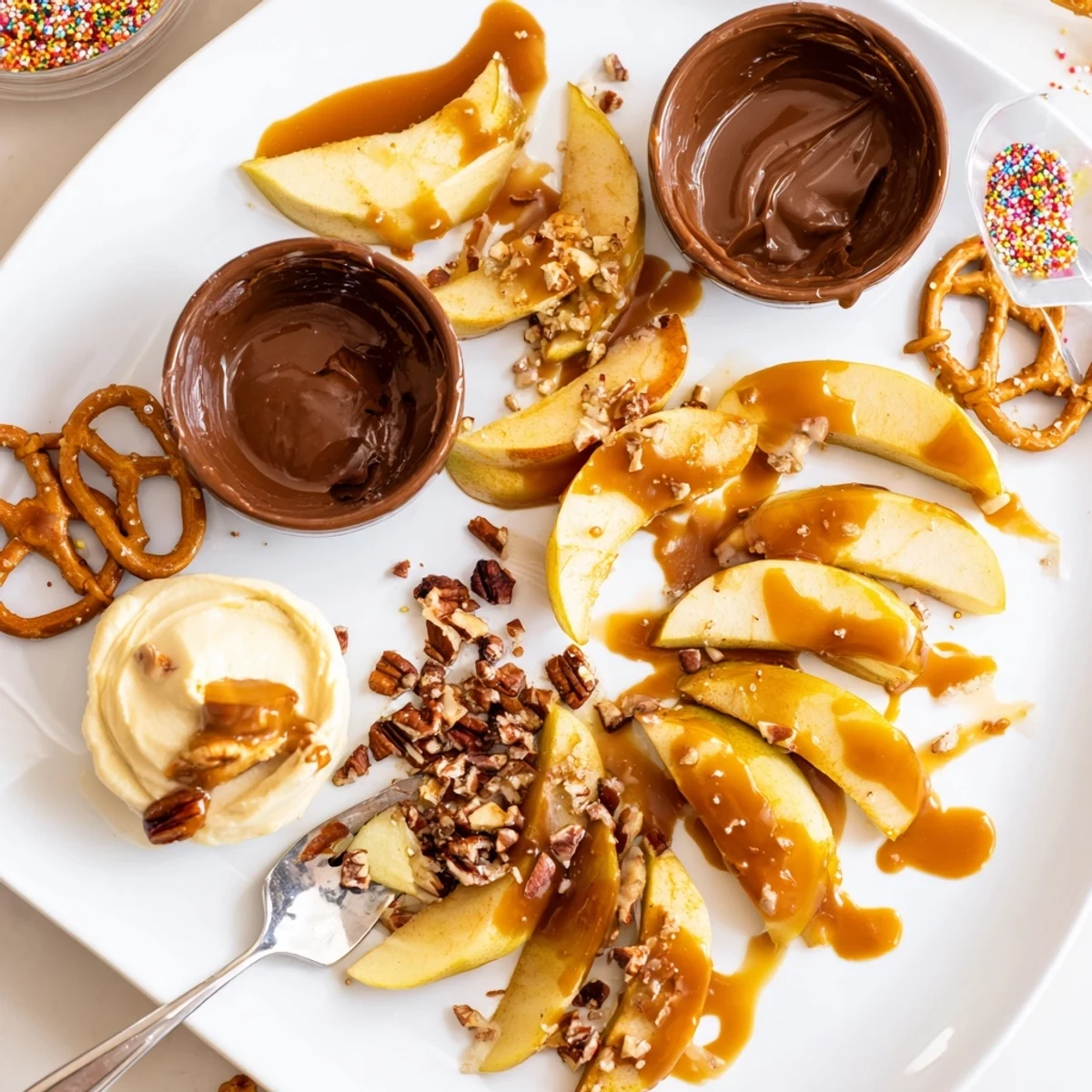 Crisp apple slices drizzled with caramel sauce on a festive charcuterie board.  