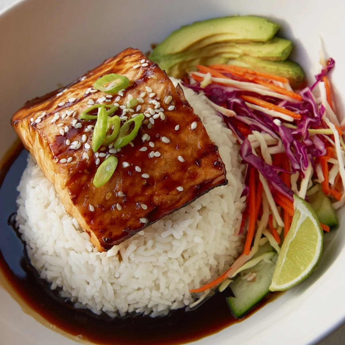 Glazed soy-maple salmon rice bowls topped with fresh veggies and avocado slices.  