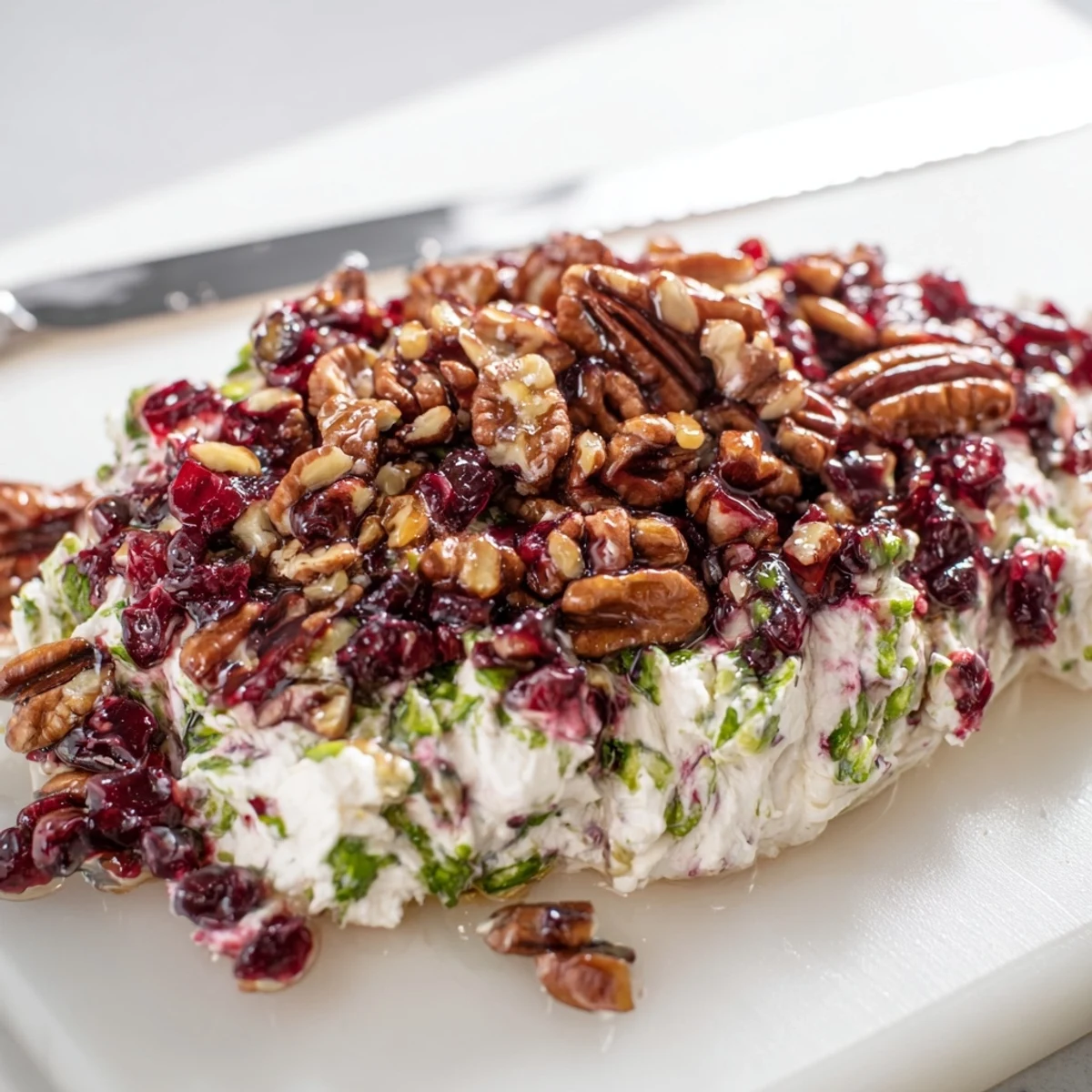 Creamy cranberry jalapeño dip topped with honey, perfect for festive gatherings.  