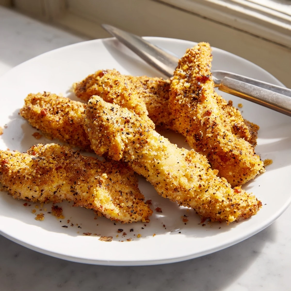 Crispy Pickle Ranch Chicken Tenders served with zesty dipping sauce on a platter.  