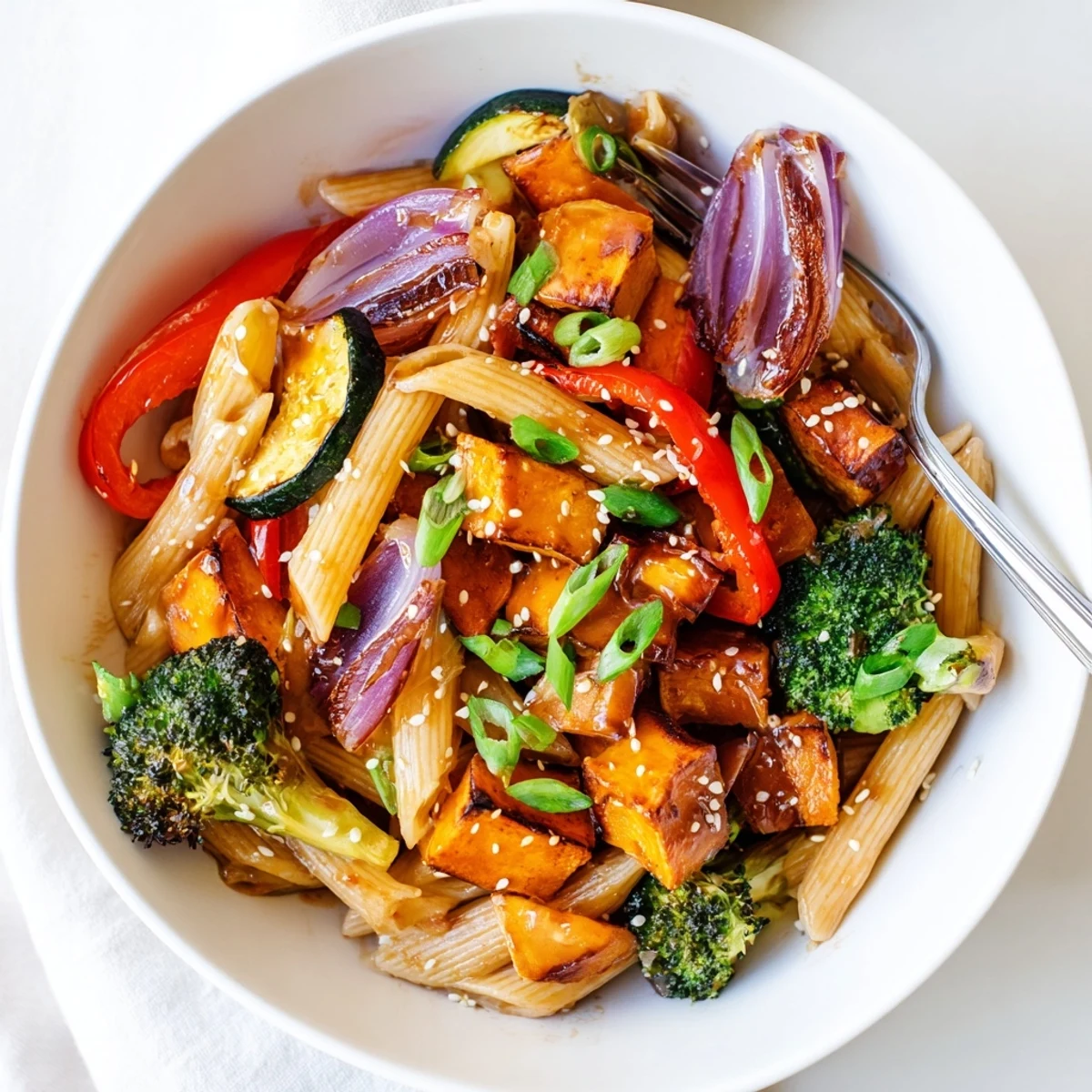 Bowl of Miso Maple Roasted Veggie Pasta adorned with green onions and roasted veggies.