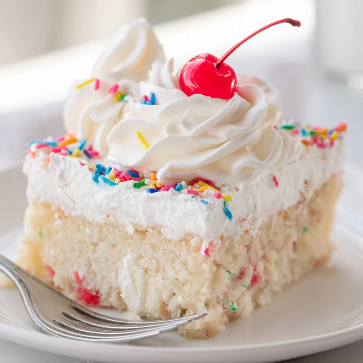 Classic Soda Float Sheet Cake topped with creamy frosting and festive sprinkles.  