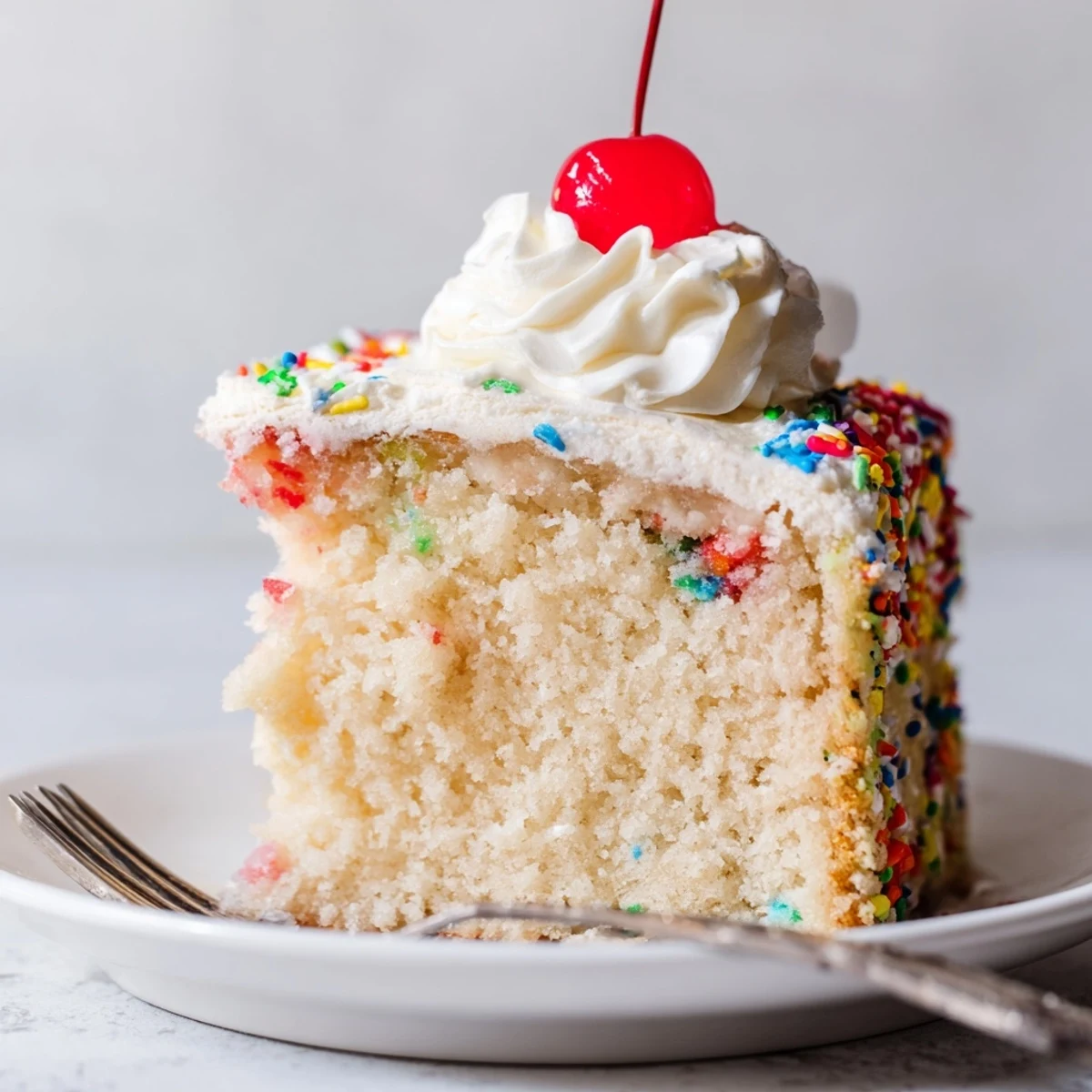 A slice of Classic Soda Float Sheet Cake, bursting with nostalgic flavors and colorful toppings.  