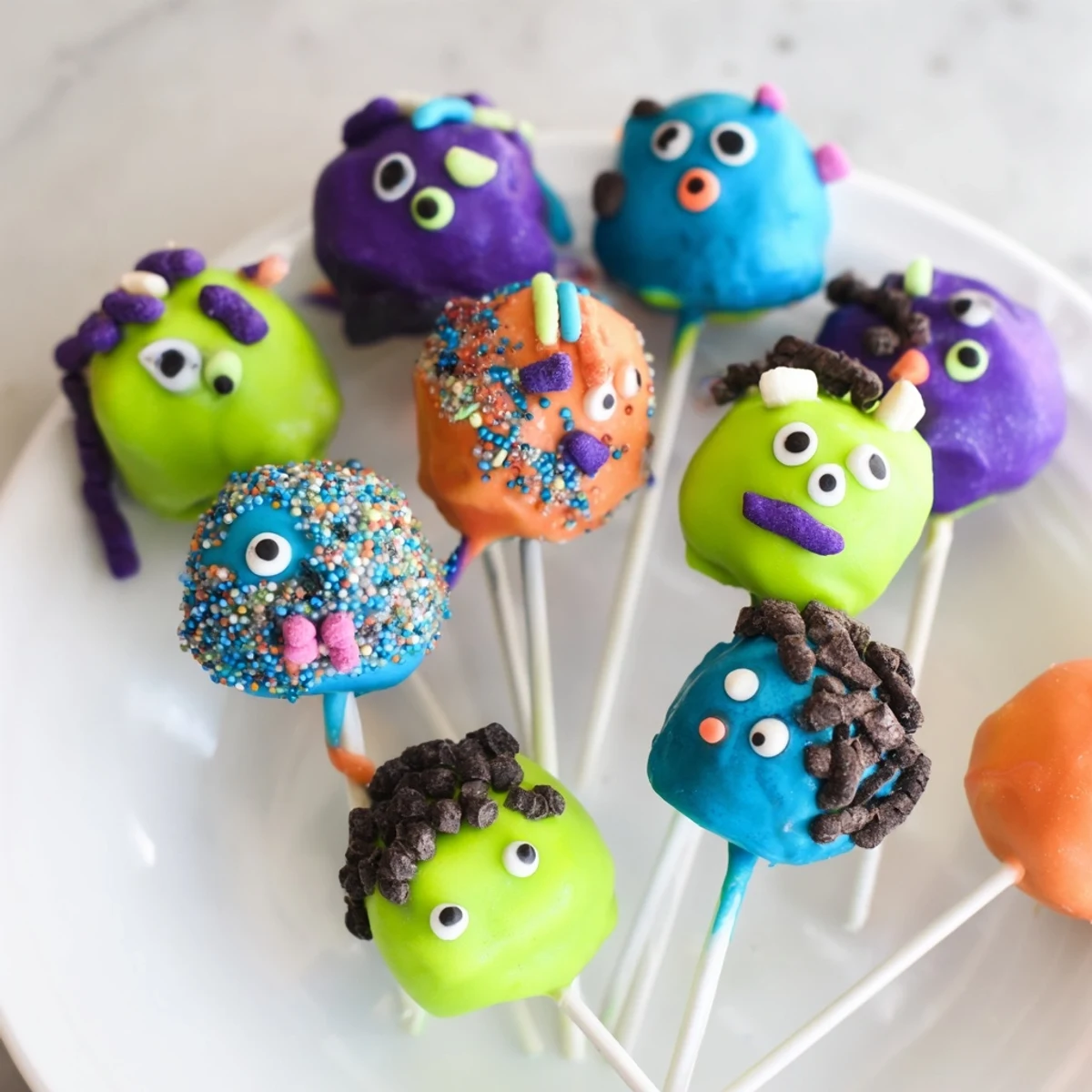 Whimsical Silly Monster Cake Pops adorned with bright colors and playful candy eyes.  