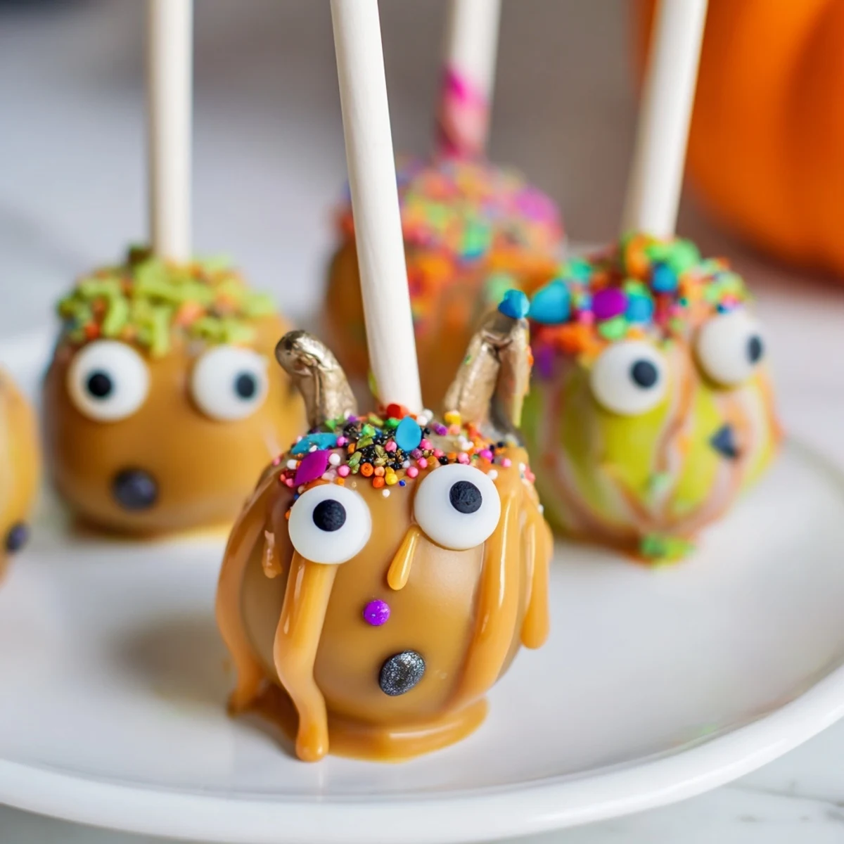 Fun and festive caramel apple cinnamon monster cake pops perfect for Halloween treats.