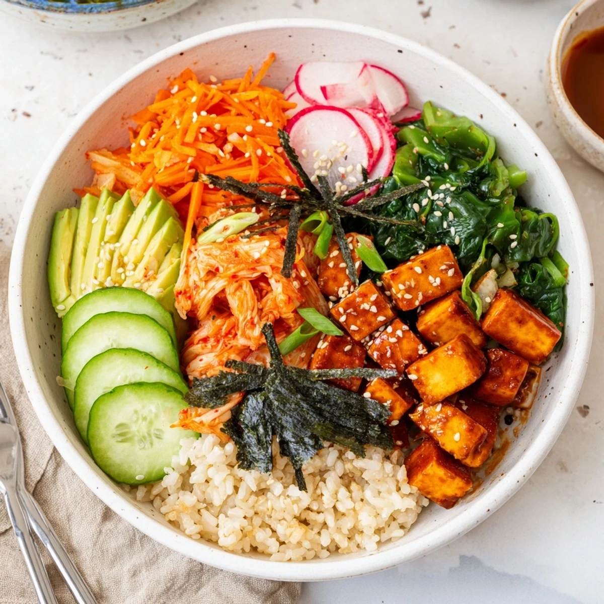 A colorful fermented vegetable bowl with spicy kimchi and fresh greens.  