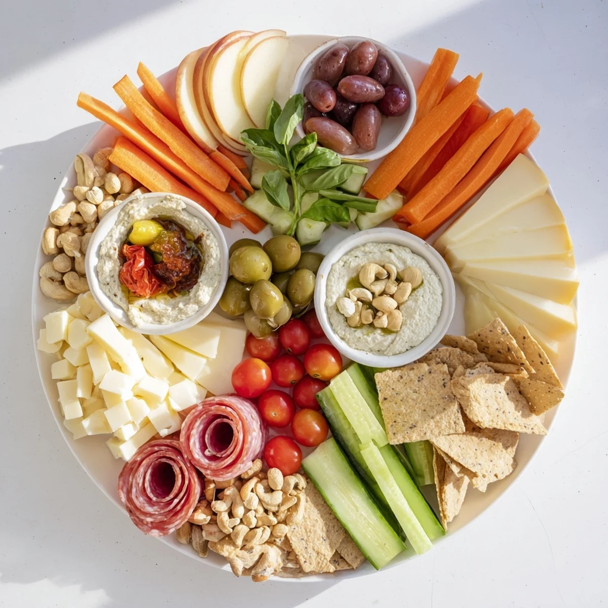 Colorful assortment of cheeses, fruits, and dips on a delightful Girl Dinner Platter.  
