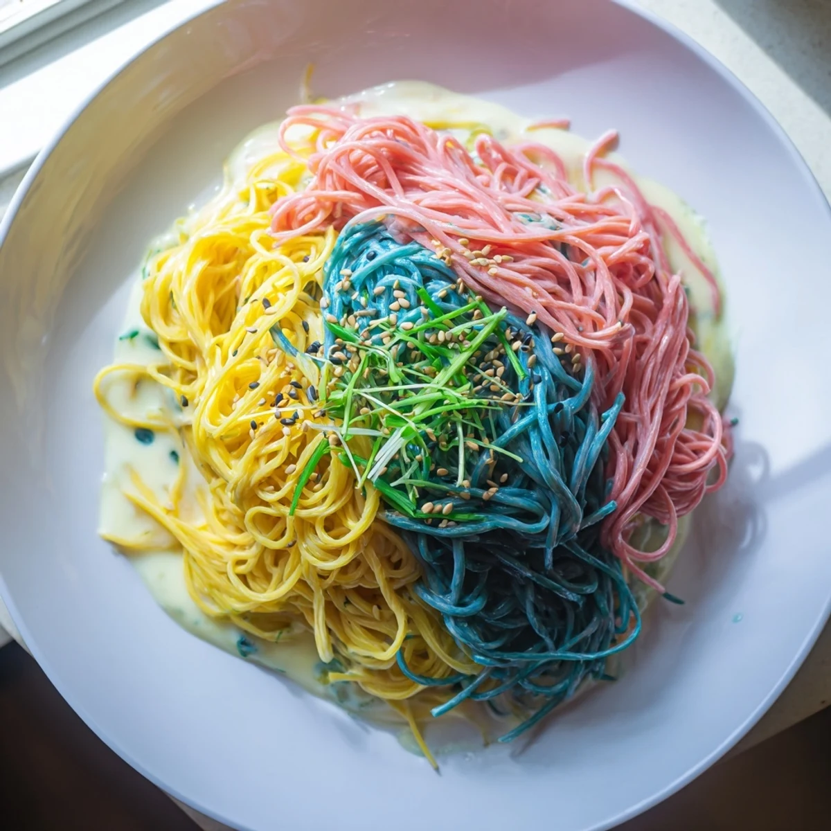 A vibrant Neon Noodle Cloud dish served with colorful sauce and edible flowers.  