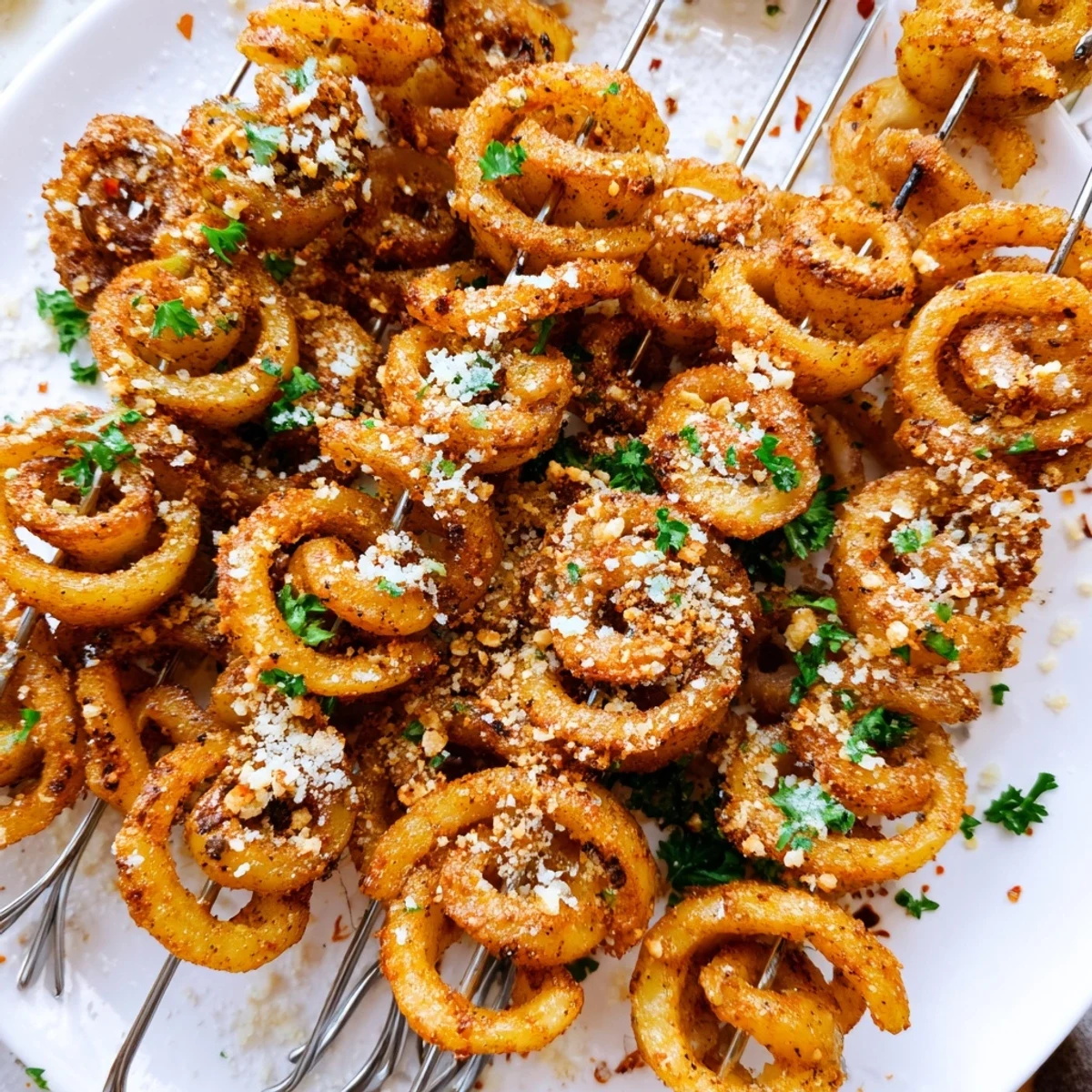 Crispy Air-Fryer Tornado Potatoes skewers, drizzled with olive oil and spices.  
