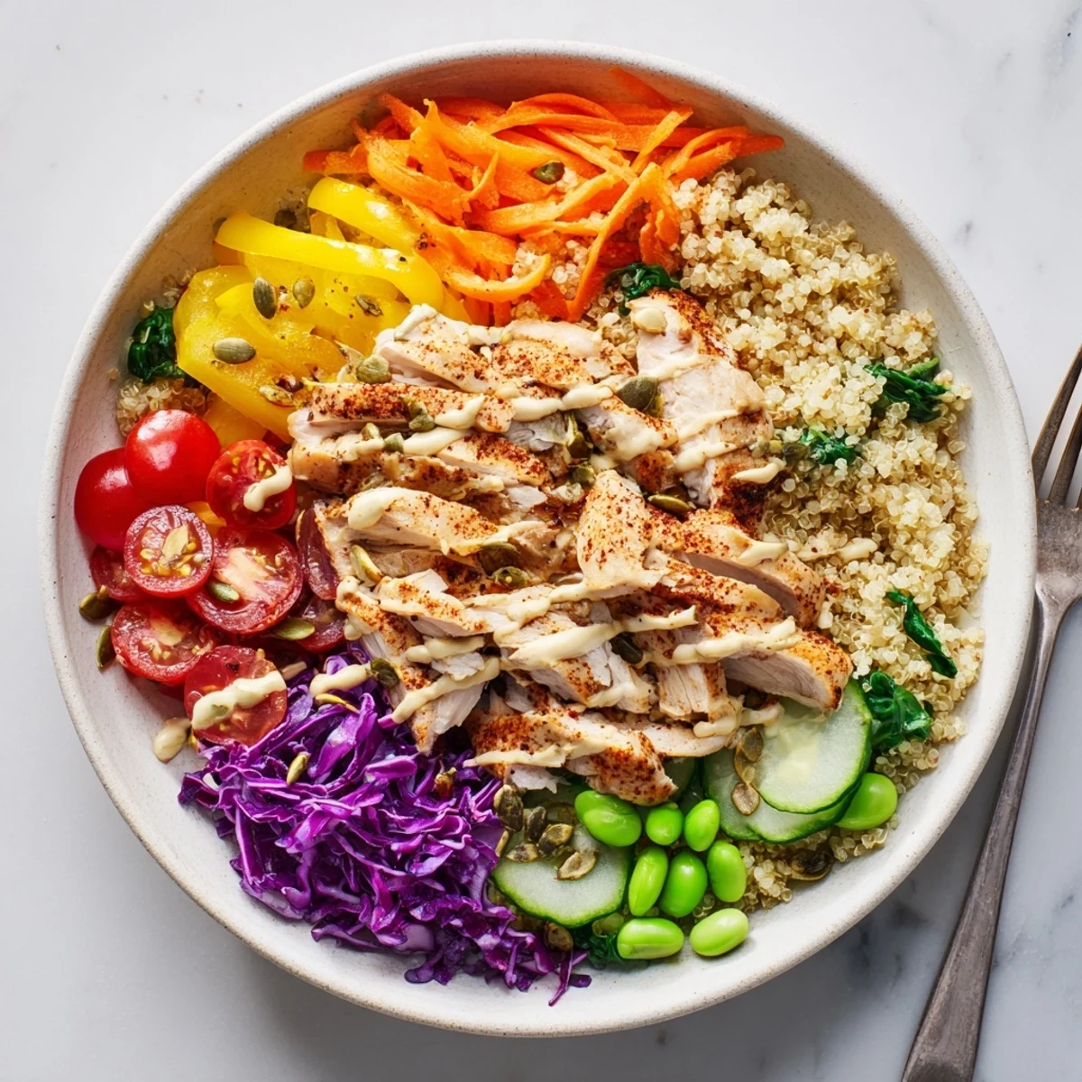 Delicious healthy meal-prep bowls drizzled with zesty dressing and topped with seeds.