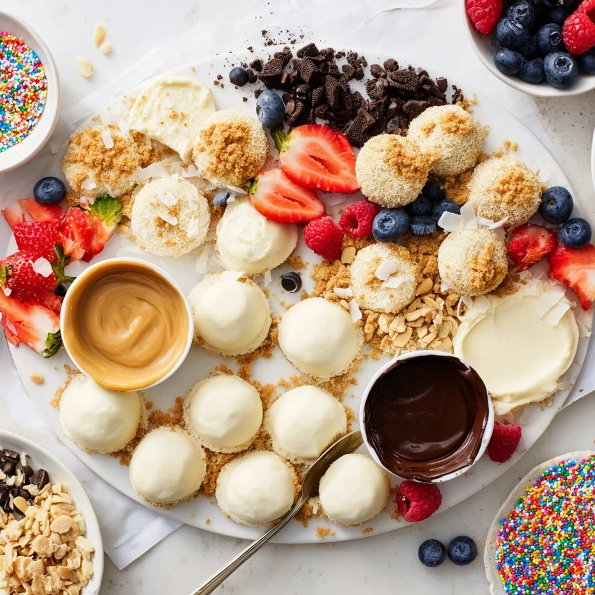 Deconstructed Dessert Board displaying creamy cheesecake bites with vibrant fruit toppings.  
