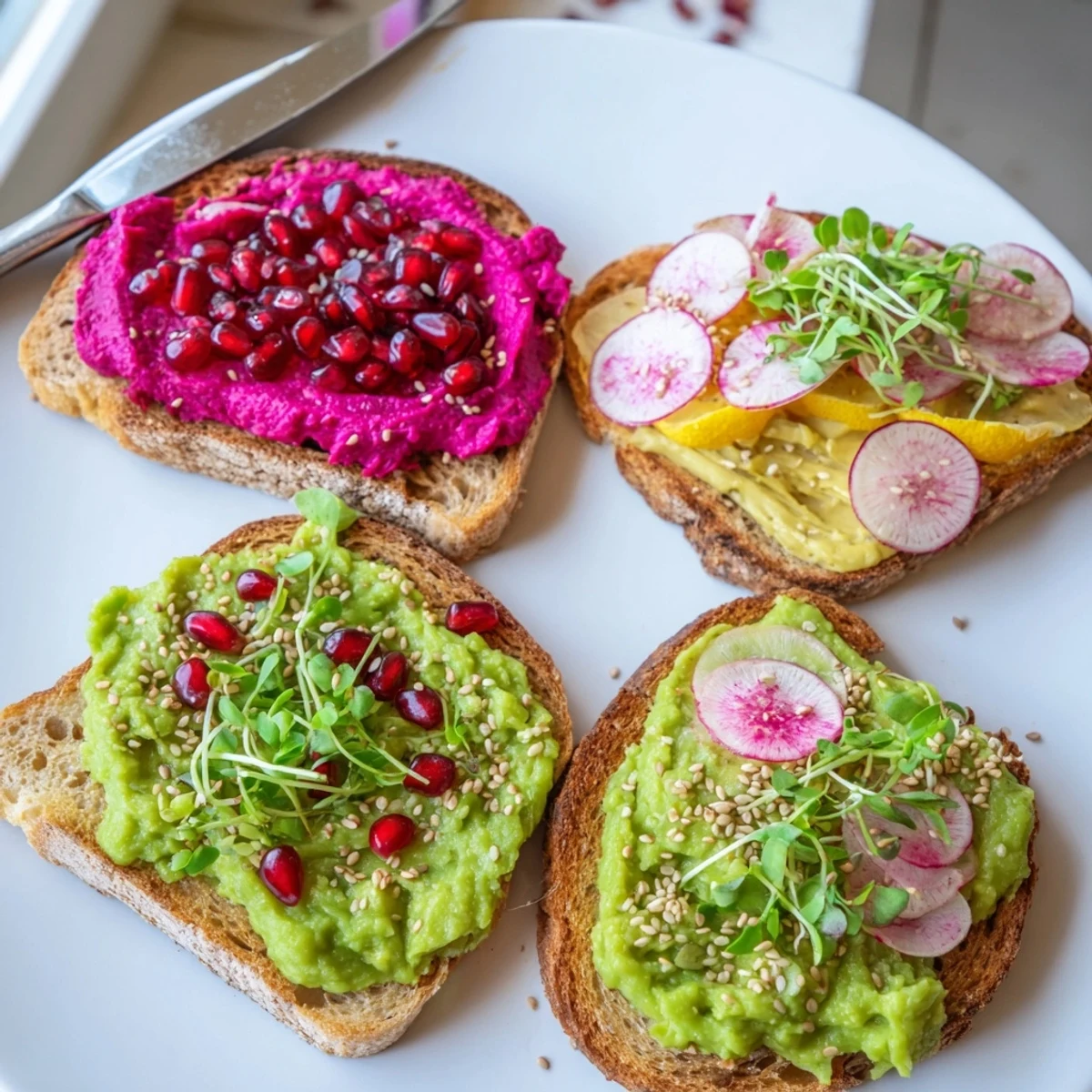 Colorful breakfast toasts featuring ube halaya, creamy avocado, and fresh garnishes.  