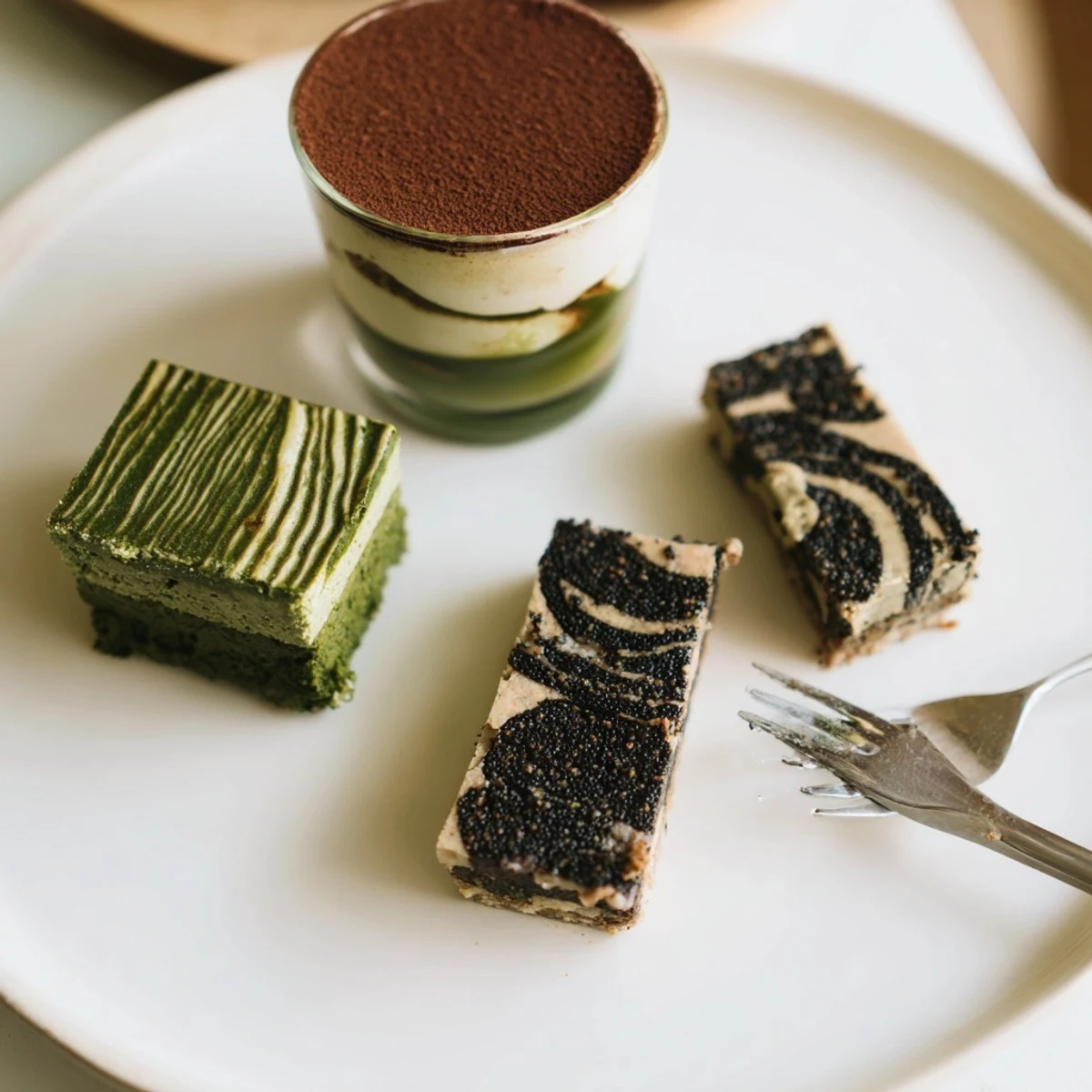 Delicious matcha-miso brownies cooling on a wire rack, showcasing vibrant green swirls.  