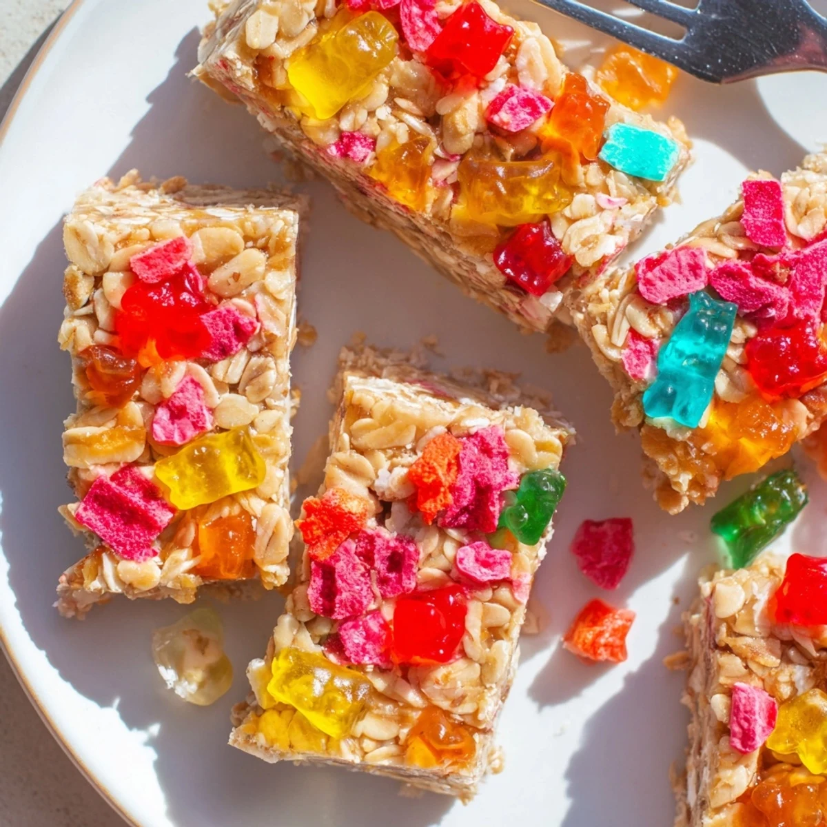 Colorful DIY snack bars stacked with chewy gummies and crispy freeze-dried candies.  
