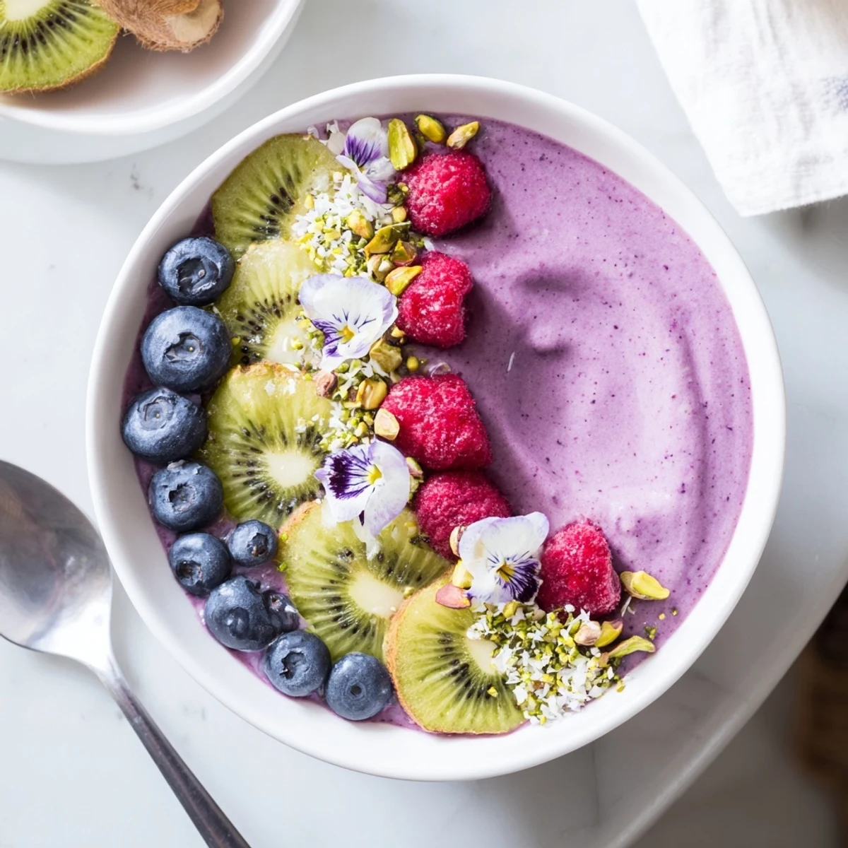 Deliciously creamy smoothie bowls with unique flavors and edible flowers for garnish.